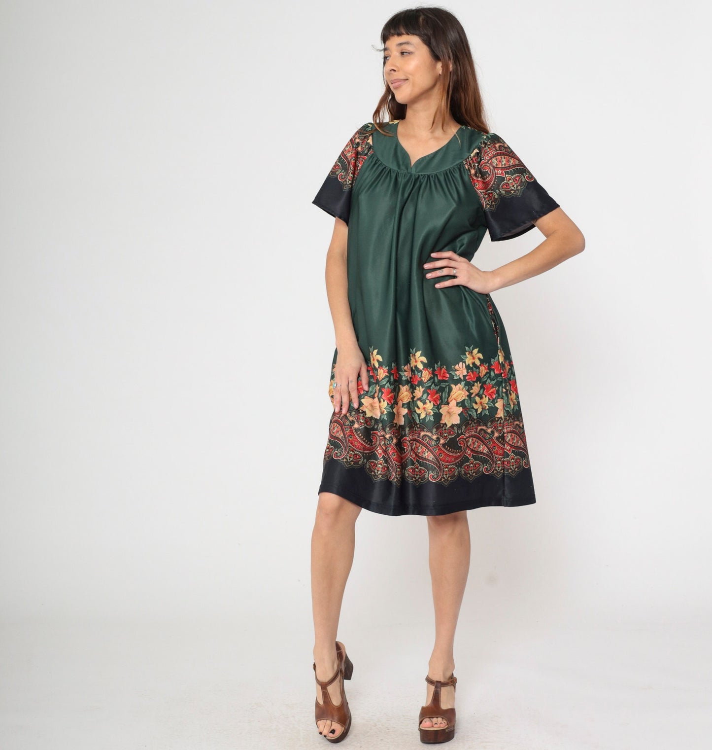 70s Dark Green Floral Paisley Tent Dress Midi Pockets Short Sleeve Extra Large
