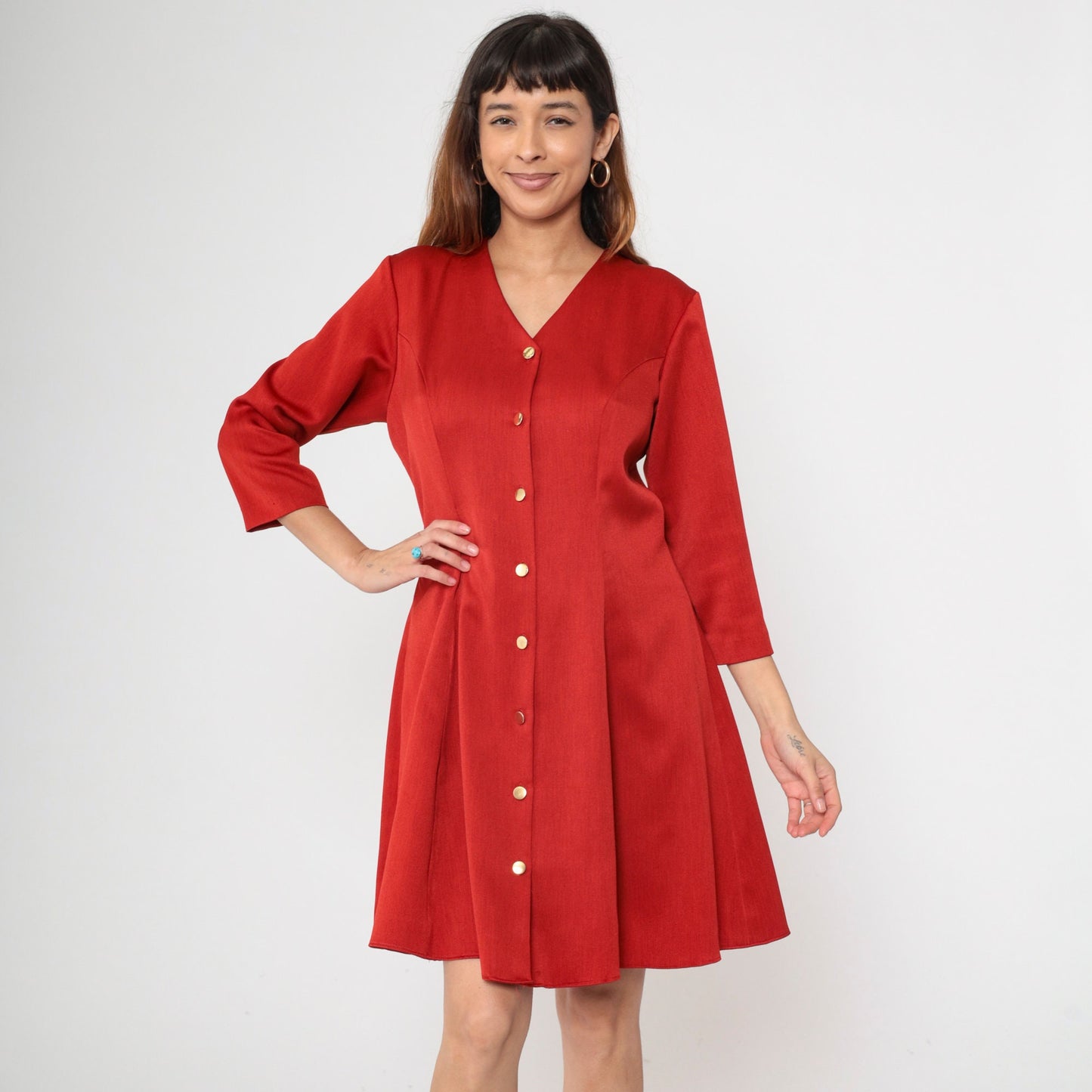 80s Red Button-Up Shirtdress V-Neck Princess Seam Flare Large