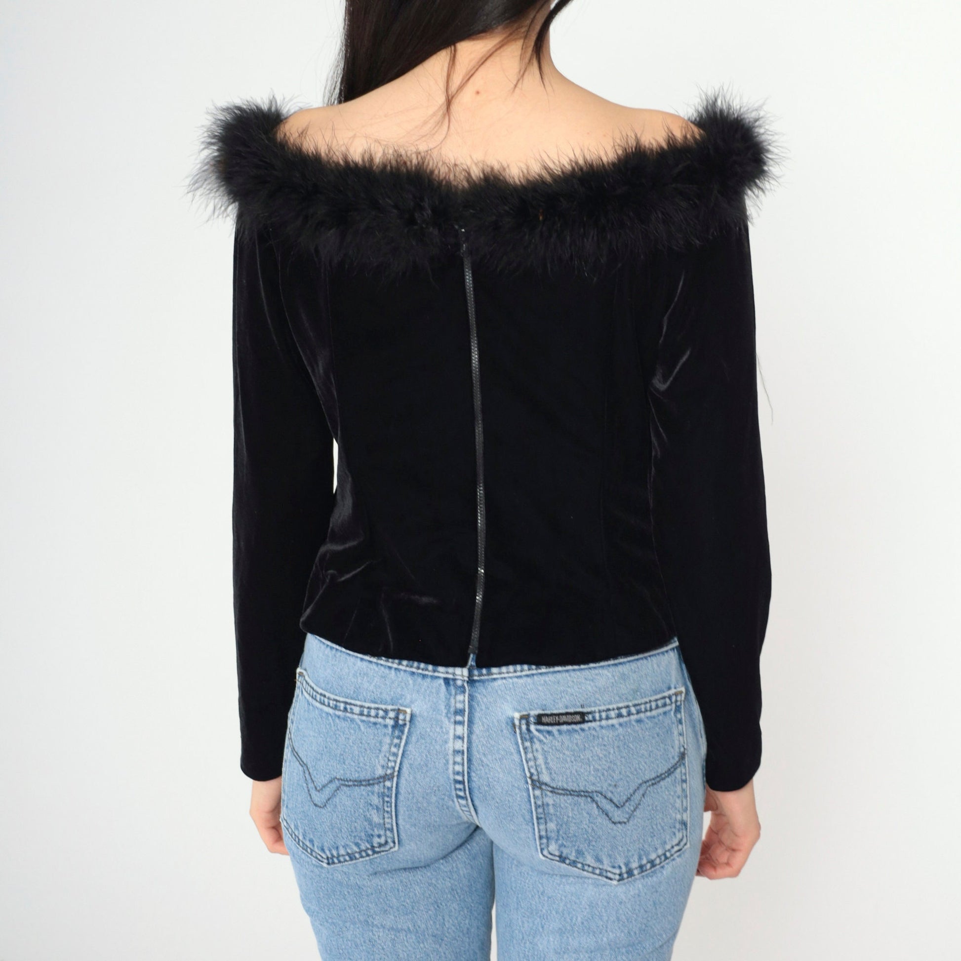 90s Alex Evenings Black Velvet Off-Shoulder Blouse Feather Trim Long Sleeve Large