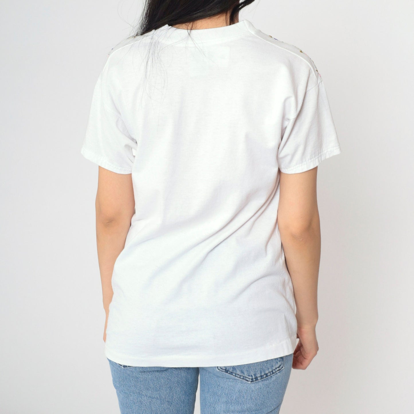 90s Floral Graphic T-Shirt White Metallic Gold Studs Single Stitch Small