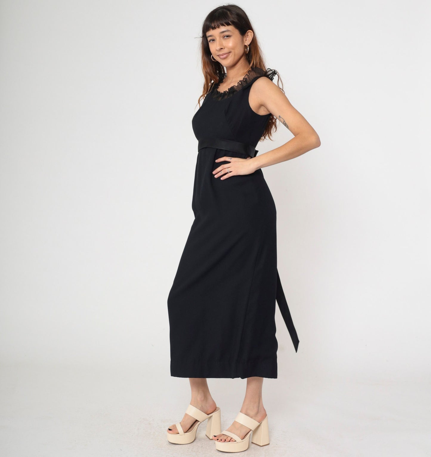60s Black Empire Waist Maxi Dress Ruffled Neckline Satin Bow Small