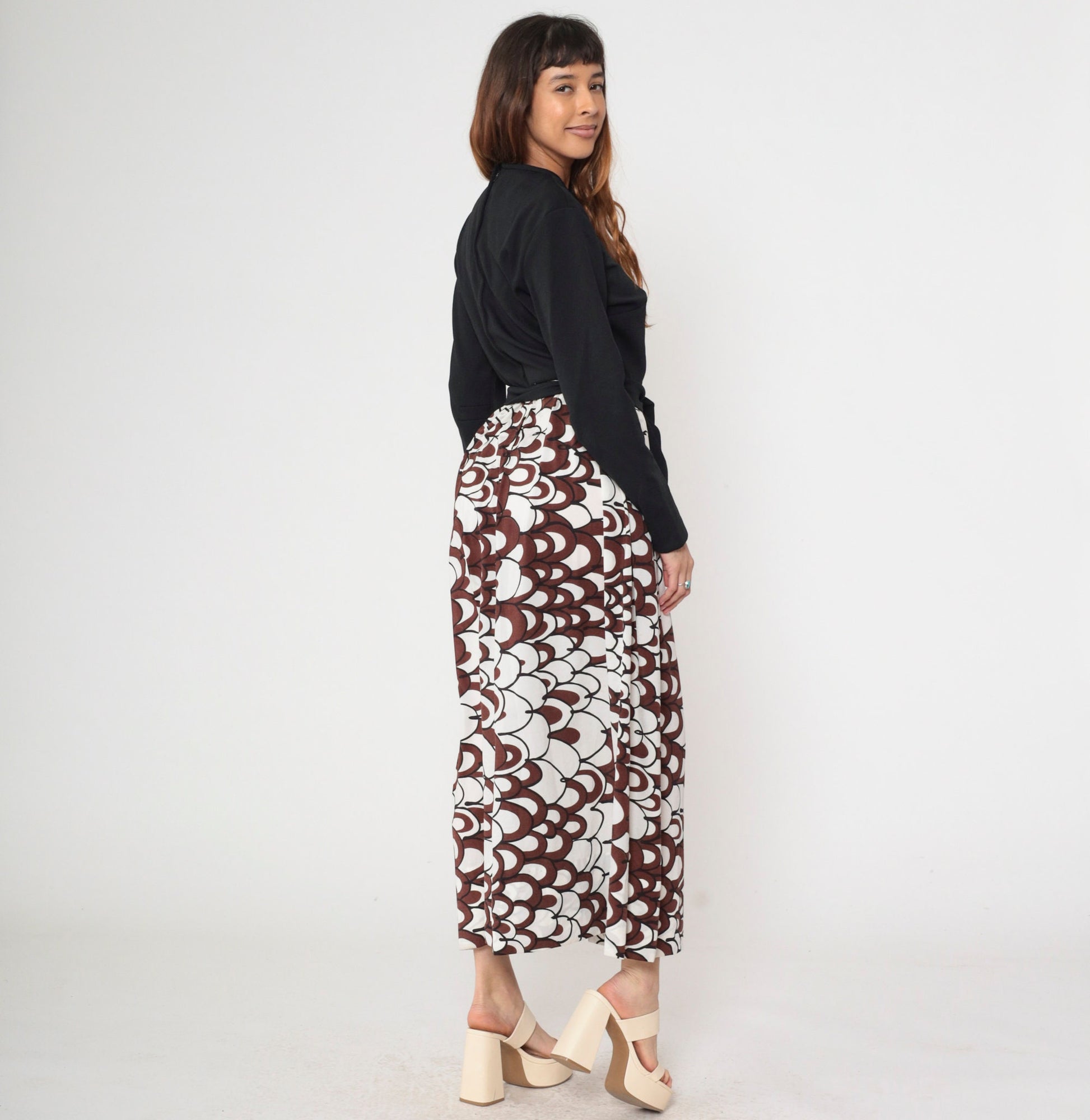 70s Psychedelic Brown White Maxi Dress A-Line High Waist Long Sleeve Large L