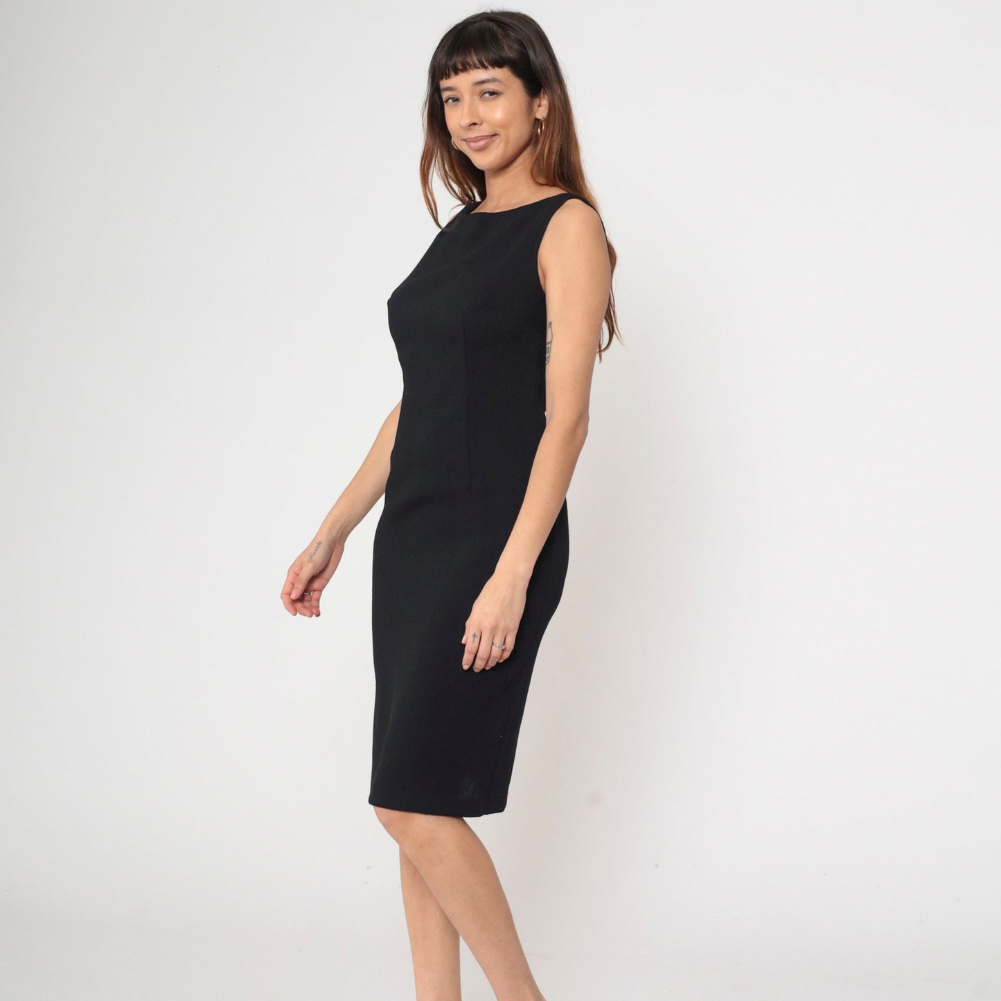 90s Black Mini Sheath Dress Sleeveless Boatneck Zipper Back Small