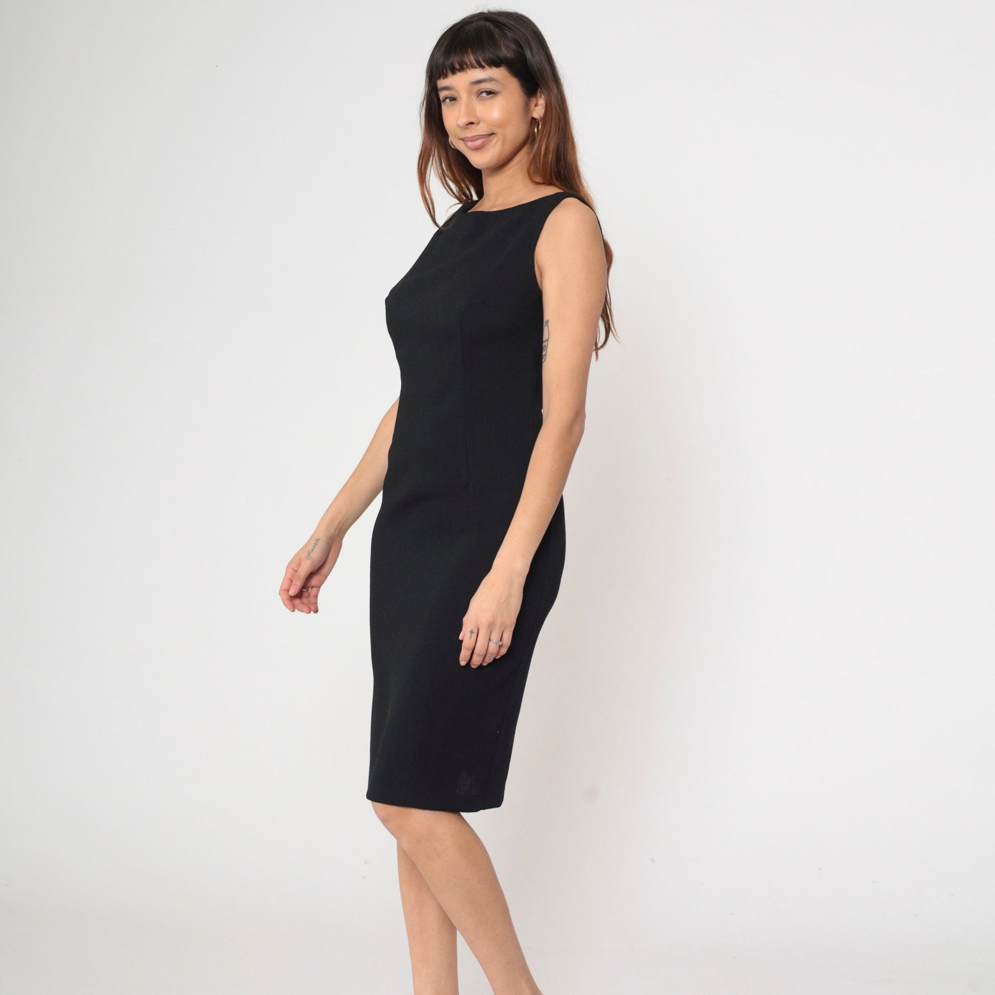 90s Black Mini Sheath Dress Sleeveless Boatneck Zipper Back Small