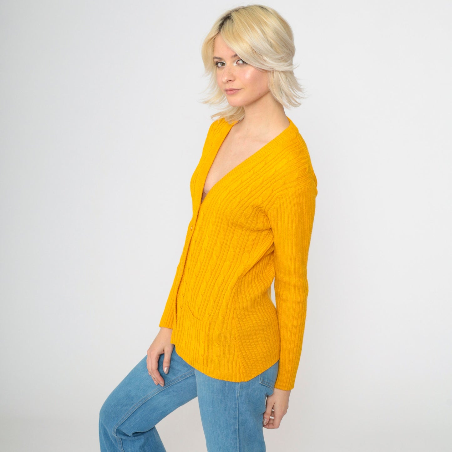 70s Tangerine Cable Knit Cardigan V Neck Button Up Orange Small