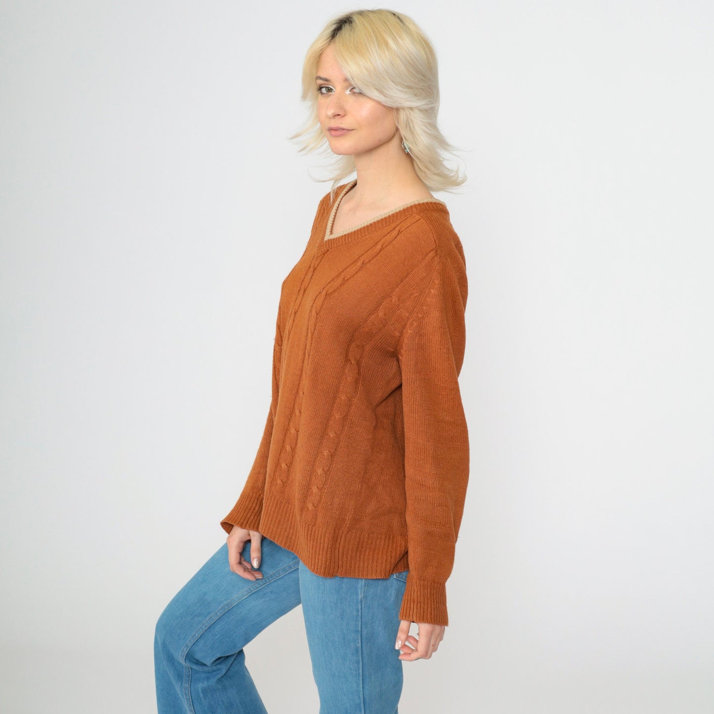 70s Van Cortt Cable Knit V-Neck Sweater Burnt Orange Pullover Large