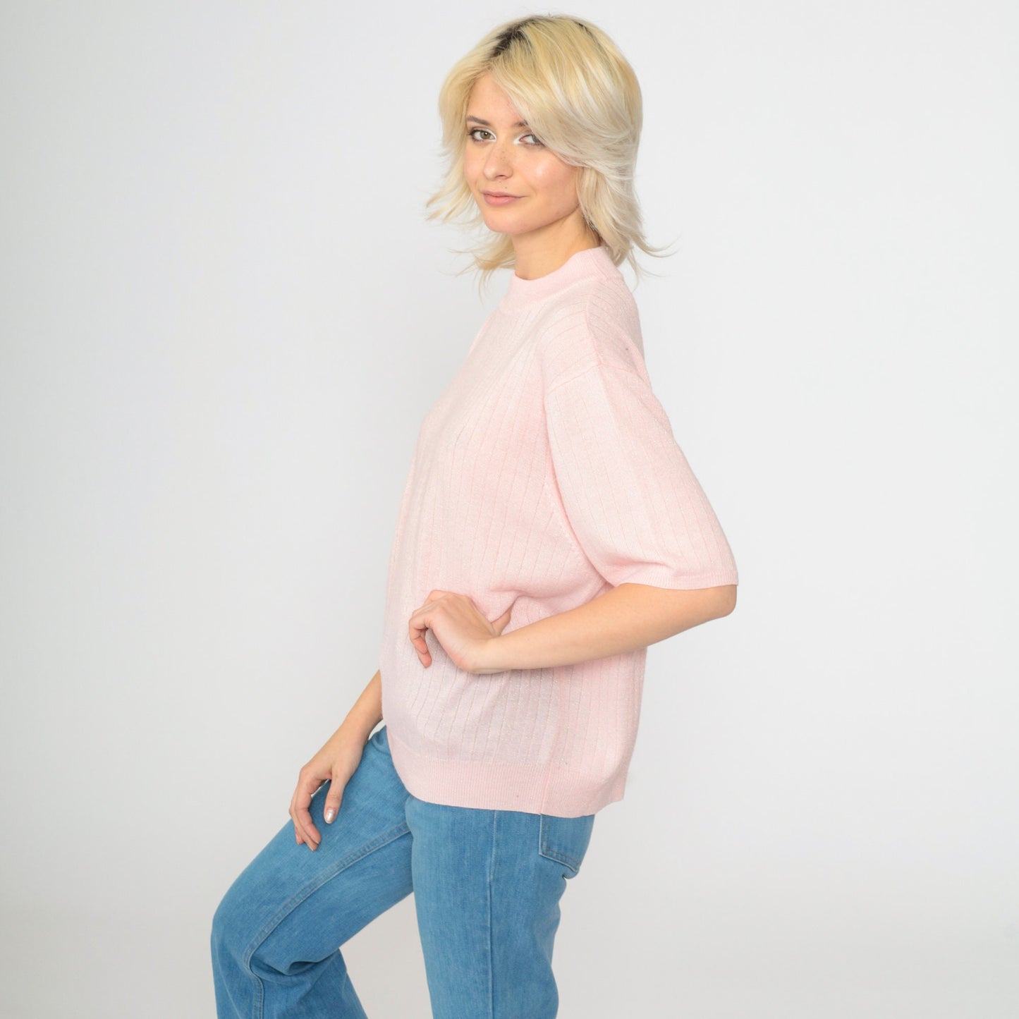 90s Sag Harbor Pink Metallic Knit Sweater Mock Neck Short Sleeve Extra Large XXL