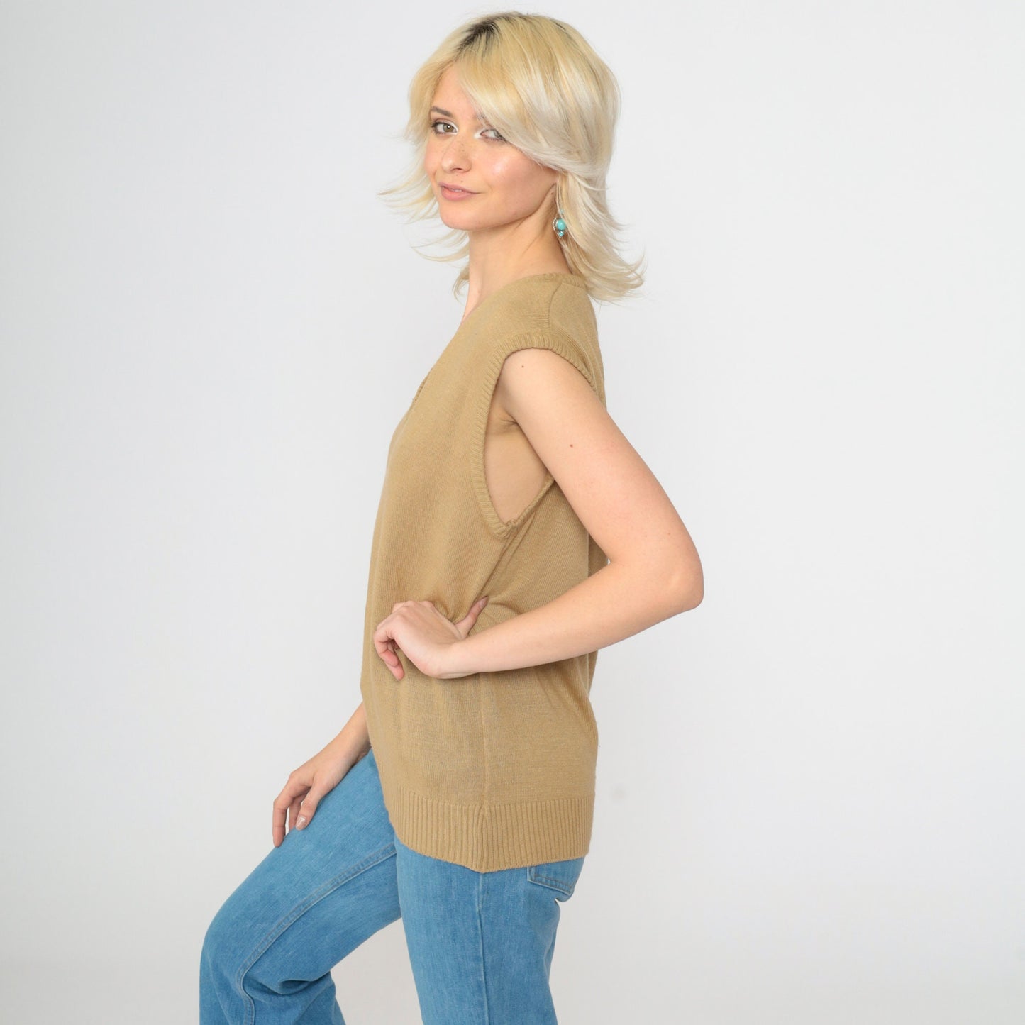 70s Tan Knit Sweater Vest V-Neck Sleeveless Tank Top Medium