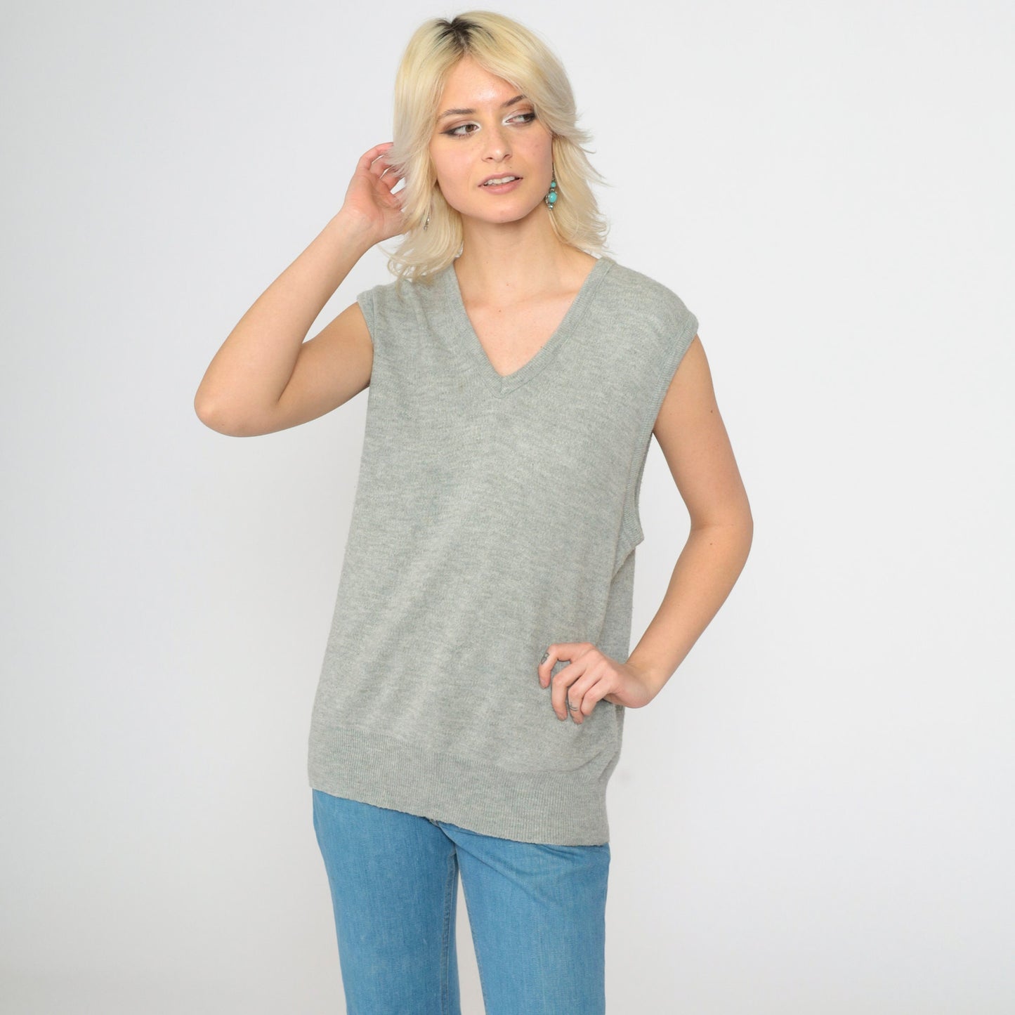 80s Grey V-Neck Sweater Vest Knit Tank Sleeveless Large