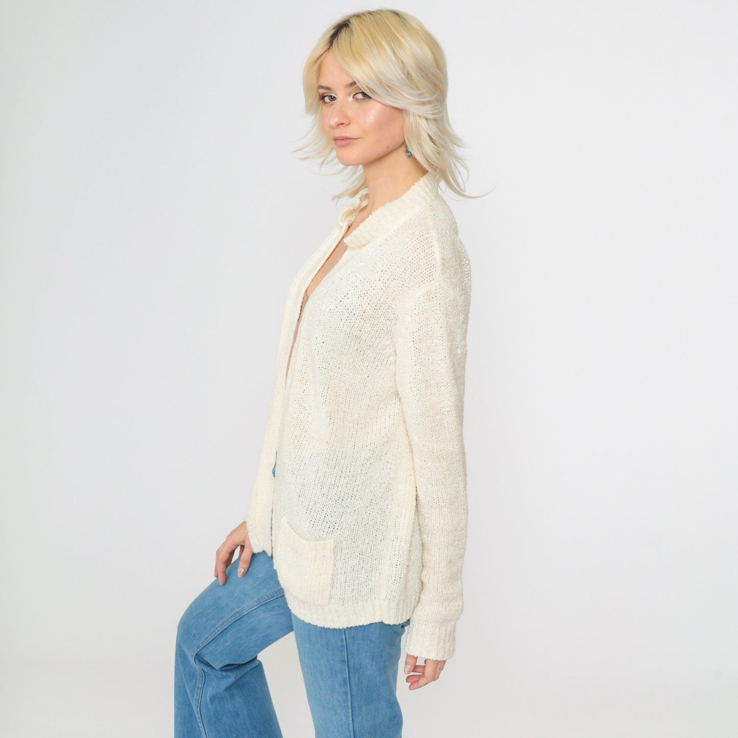 70s Le Roy Knitwear Cream Cardigan Knit Sweater Open Front Pockets Large L
