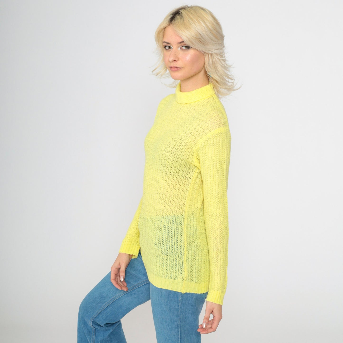 70s Yellow Sheer Turtleneck Sweater Cotton Knit Rear Zip Small