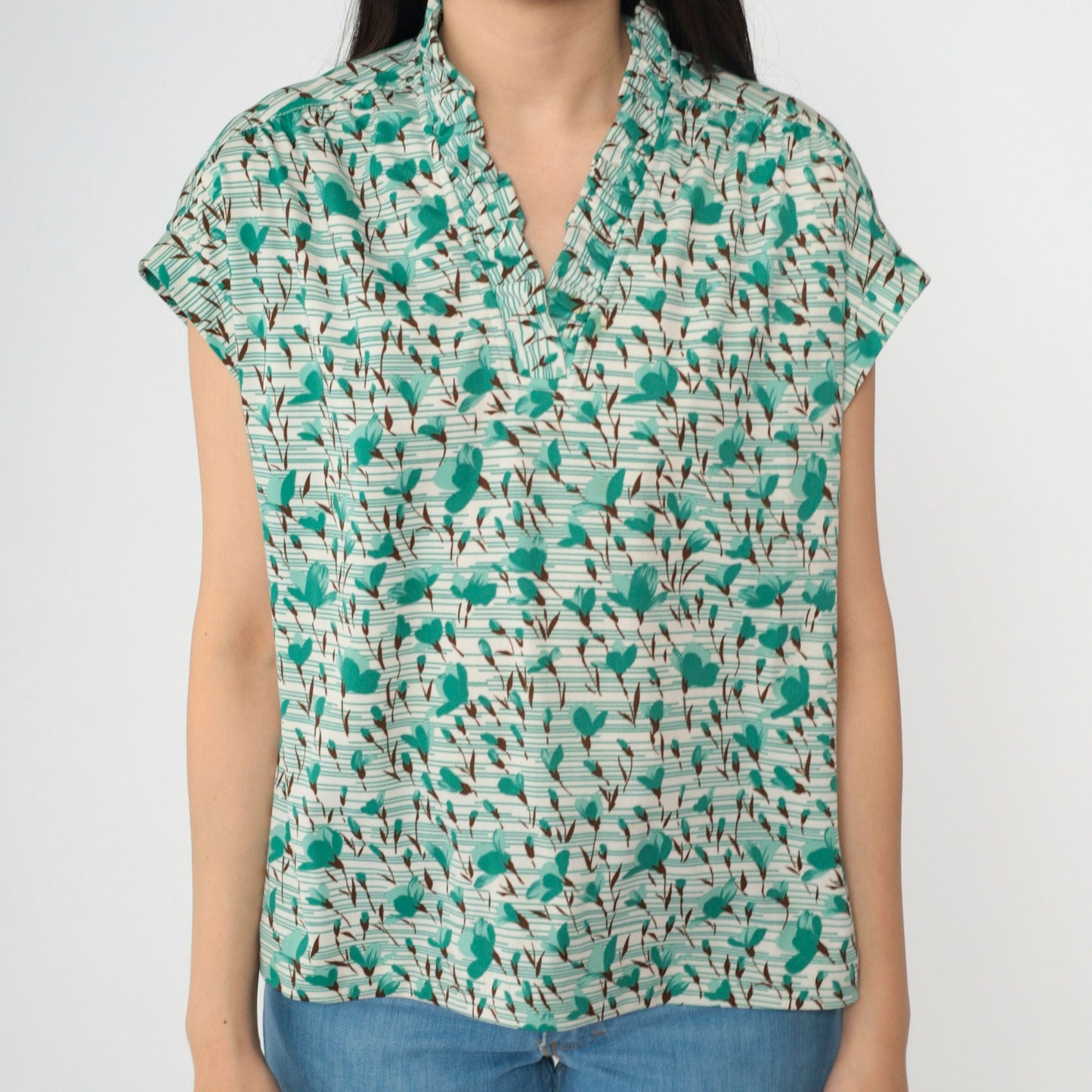 70s Graff Floral Striped Blouse Green Cap Sleeve V Neck Ruffled Small