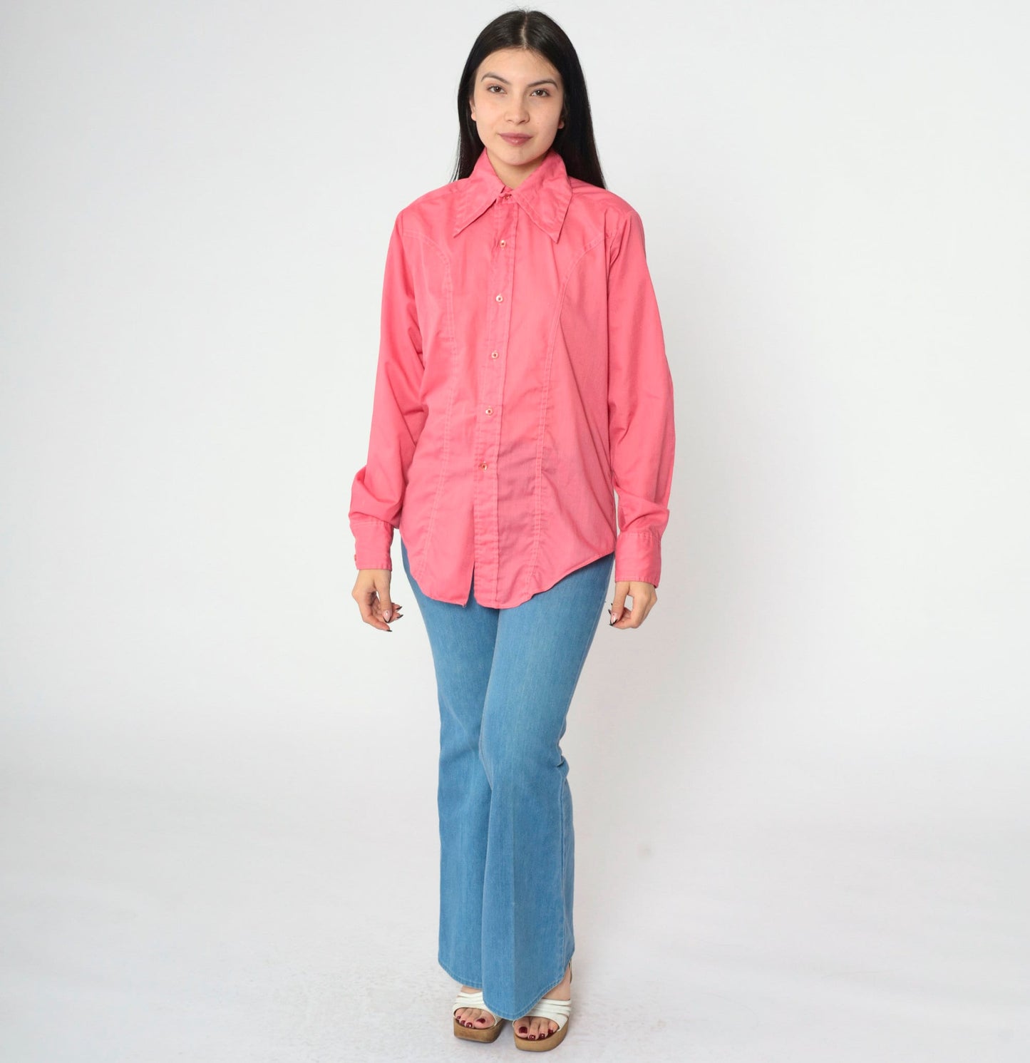 70s Cambridge Pink Dagger Collar Button-Up Shirt Long Sleeve Small