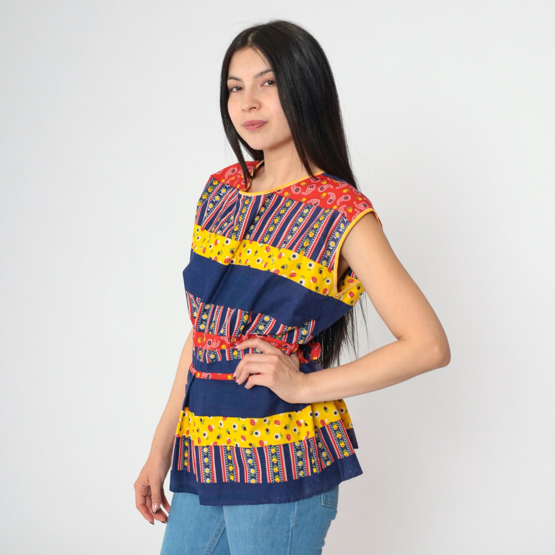 70s Patchwork Sleeveless Tunic Blouse Open Back Belted Yellow Navy Medium