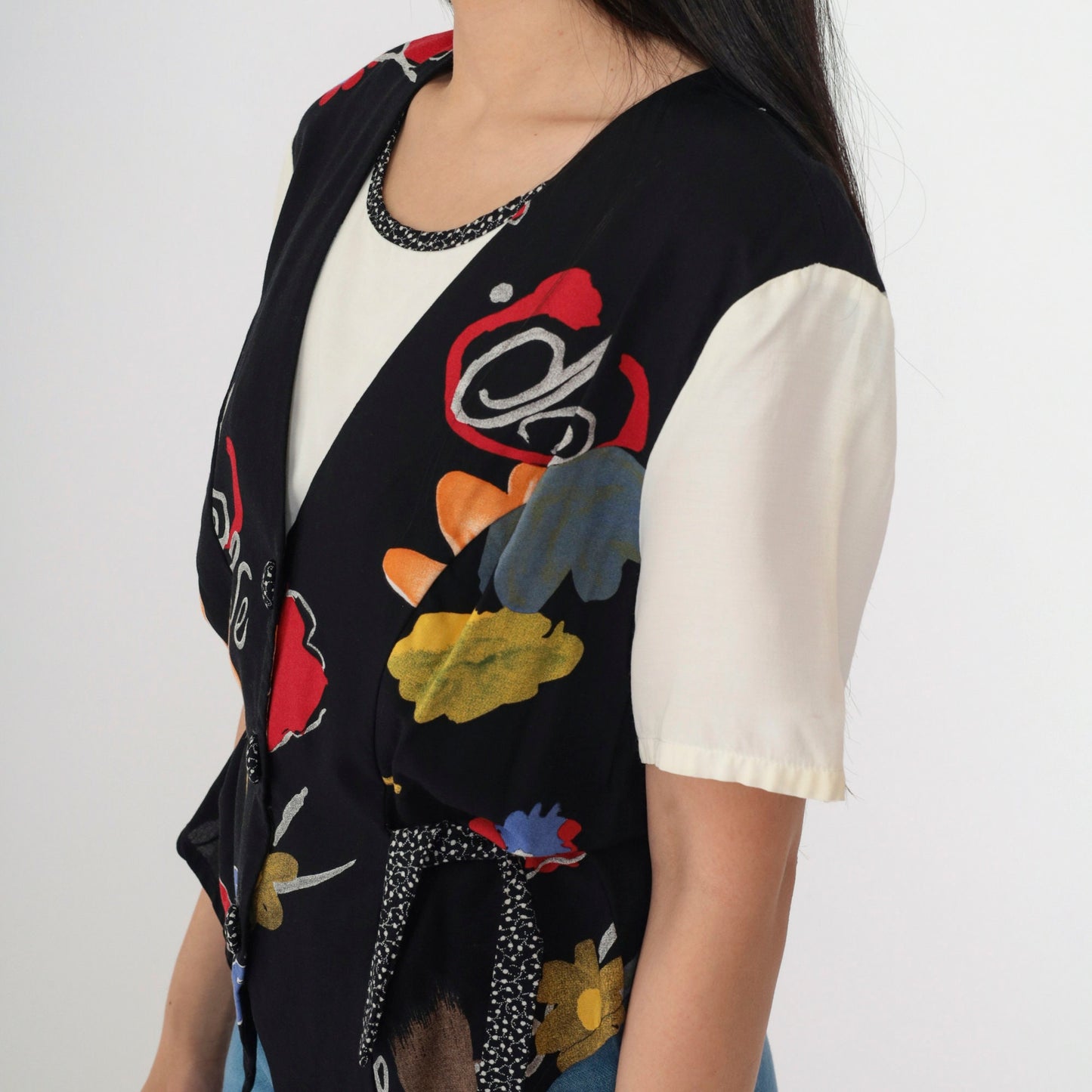 90s Kathie Lee Abstract Floral Button-Up Blouse with Attached Vest White Black Medium