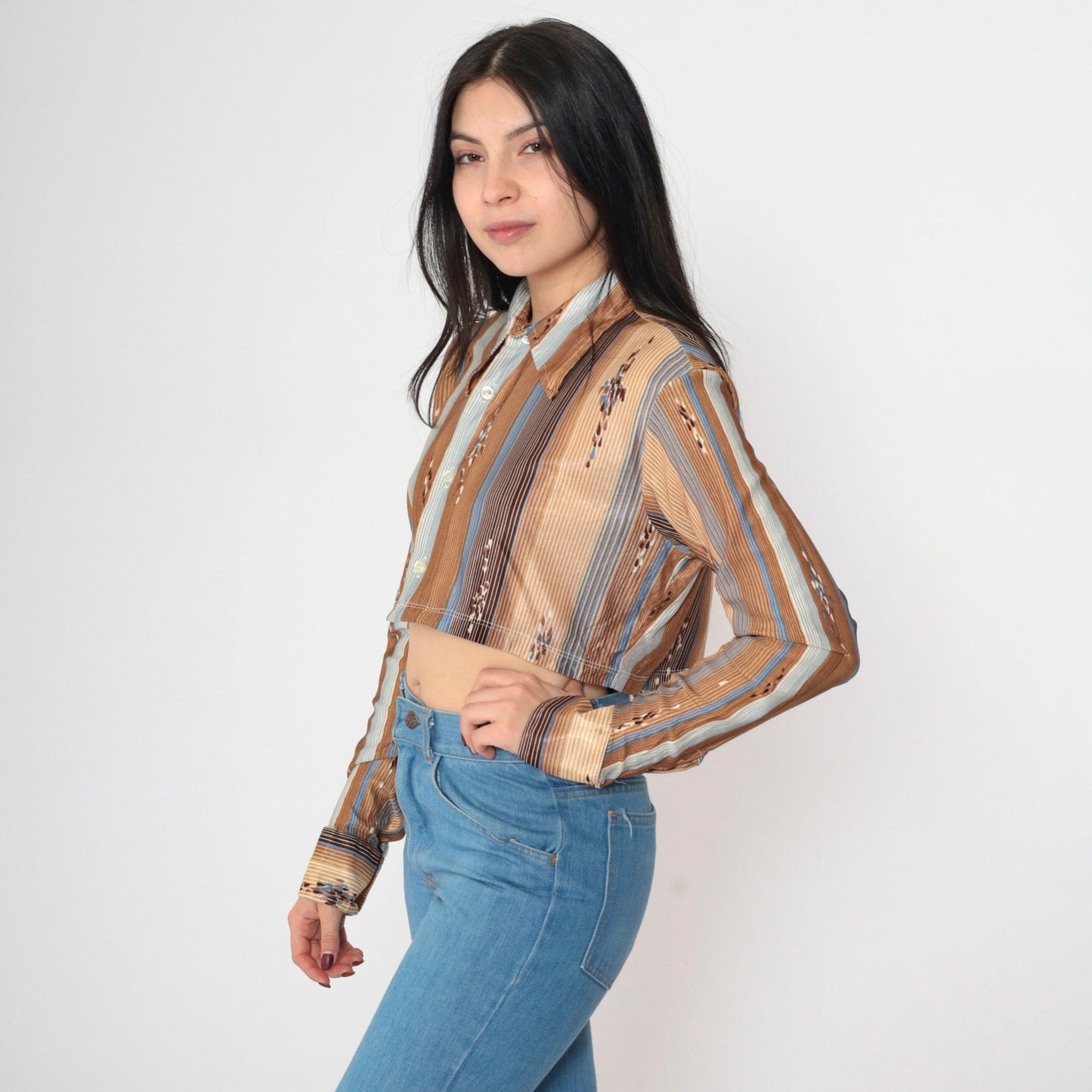70s Striped Raindrop Print Crop Blouse Button-Up Long Sleeve Brown Green Small