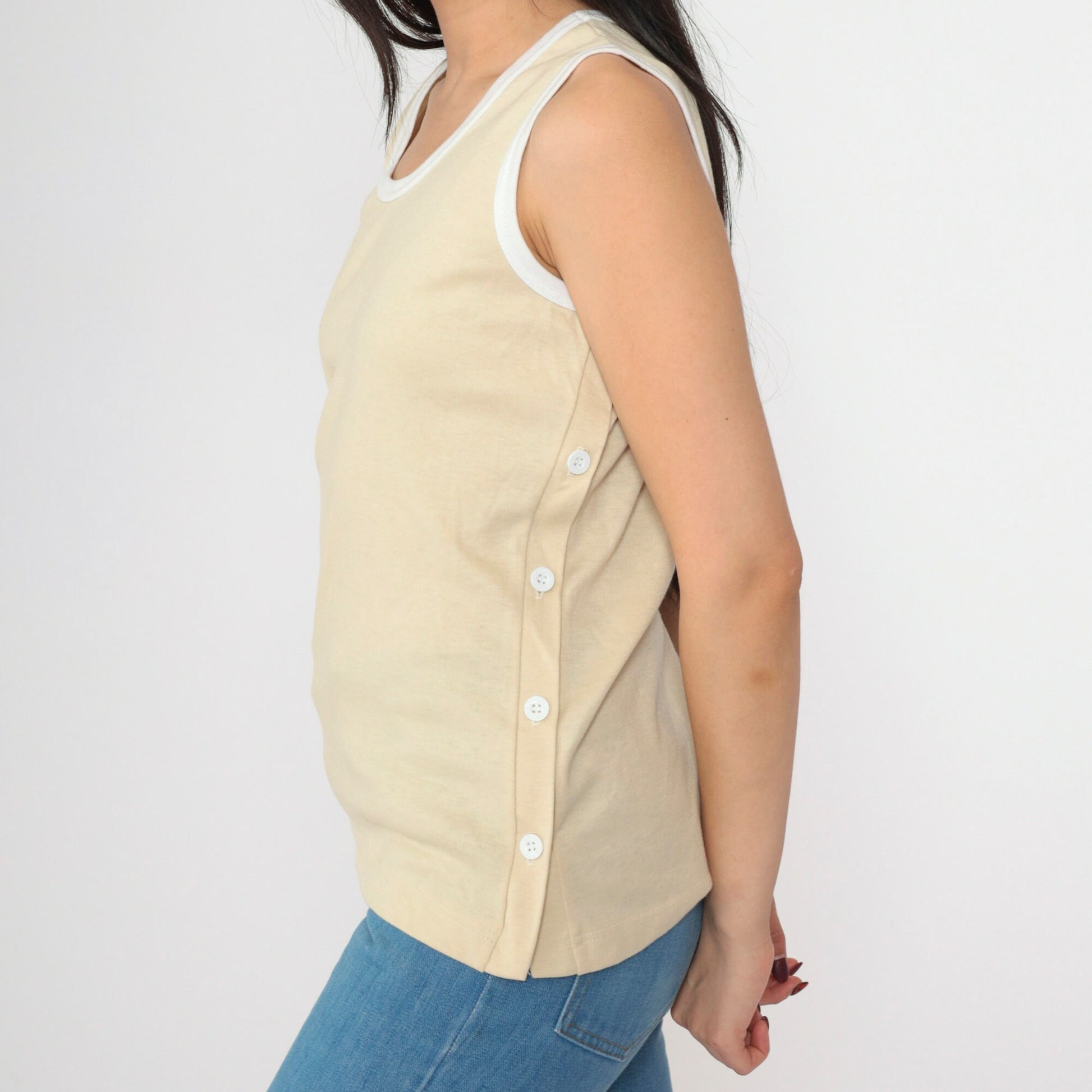 80s Jantzen Beige Tank Top Ringer Trim Scoop Neck Small