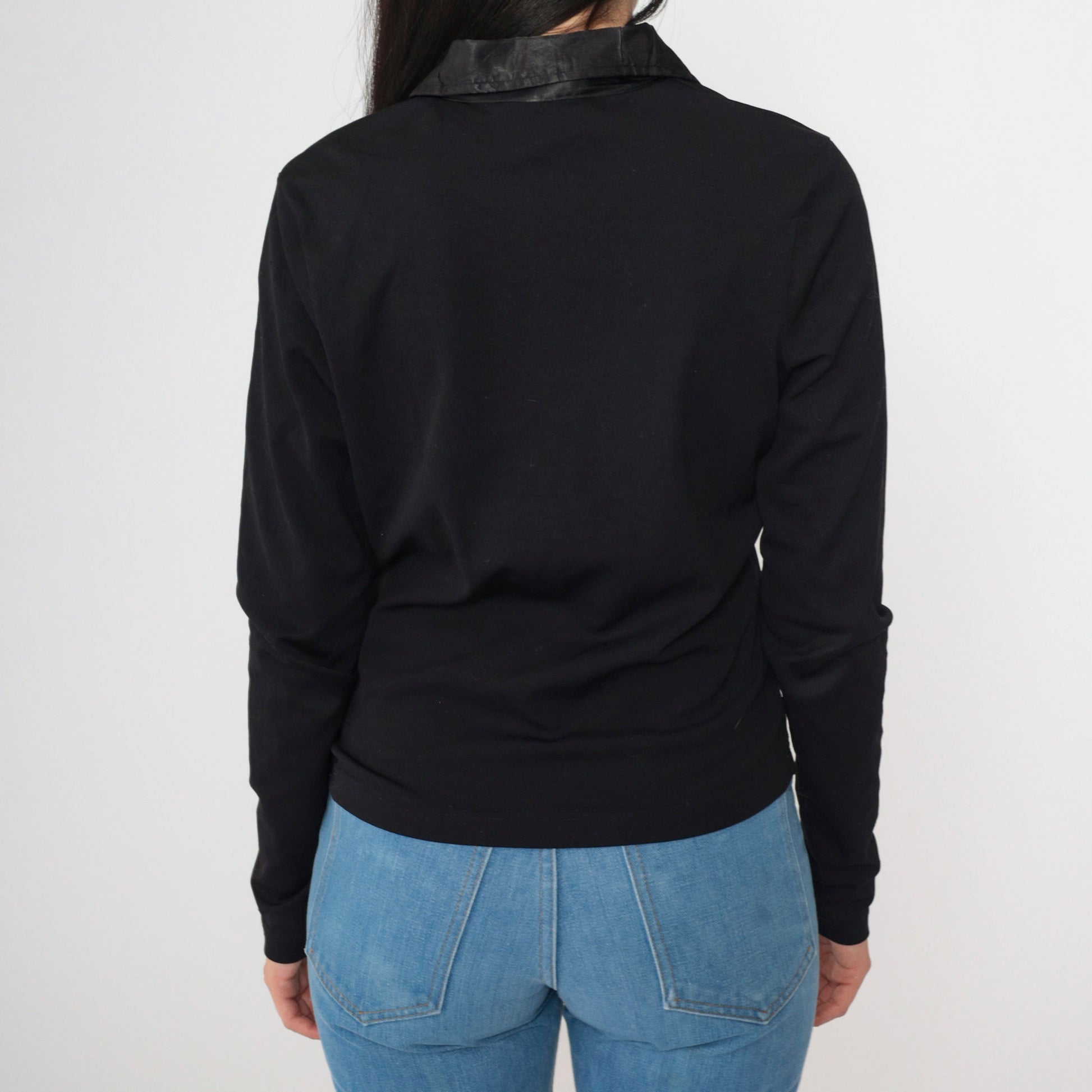 90s Energie Black Button-Up Blouse Satin Pocket Long Sleeve Medium