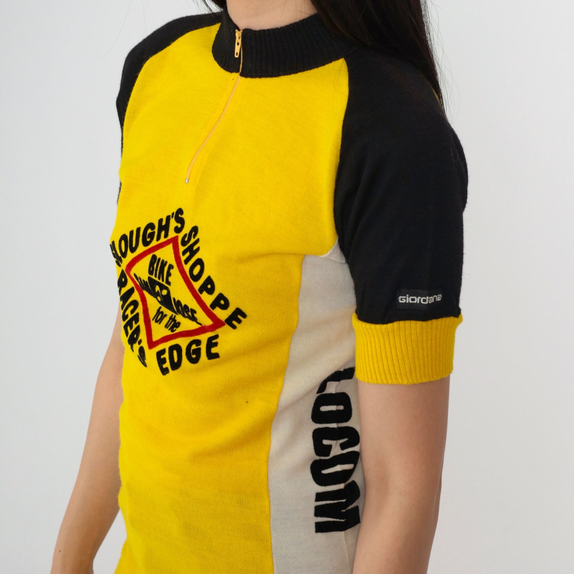 80s Giordana Sport Cycling Jersey Yellow Black Wool Blend Half-Zip Small