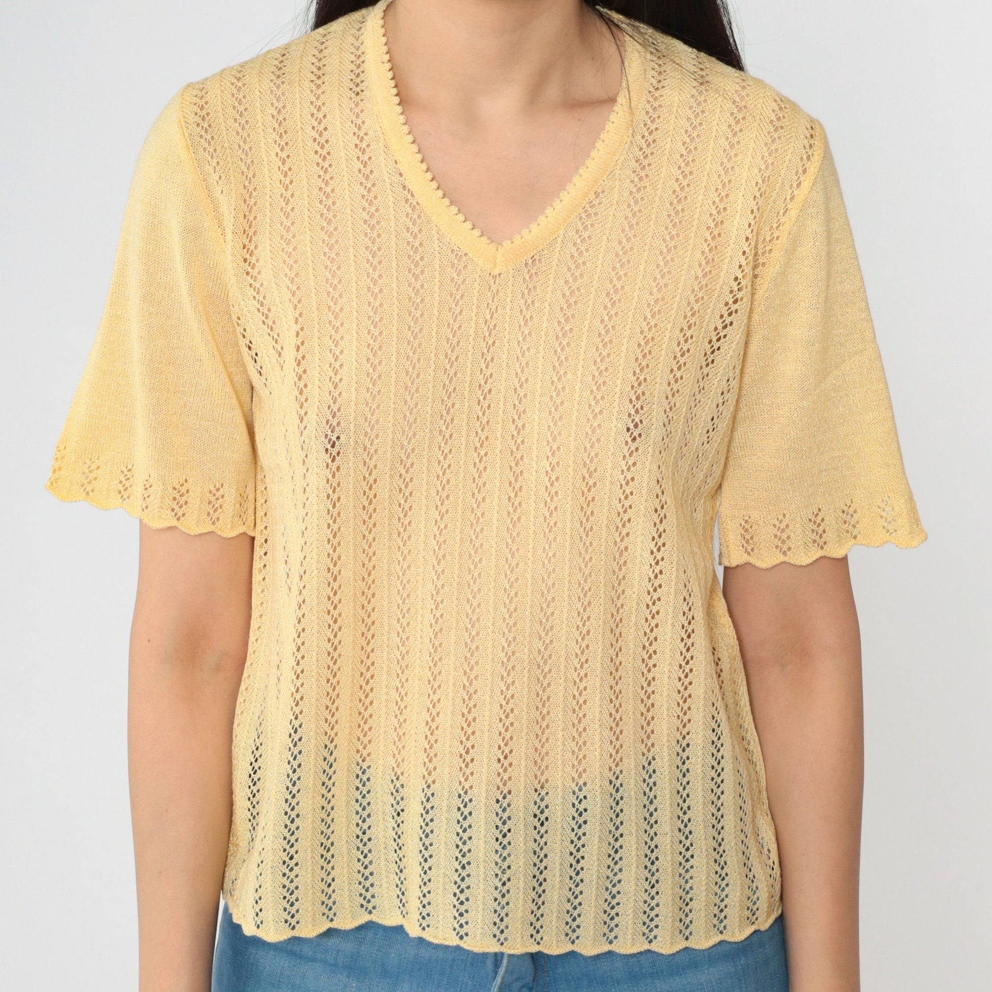80s Yellow Open Weave Knit Sweater Top V-Neck Short Sleeve Small