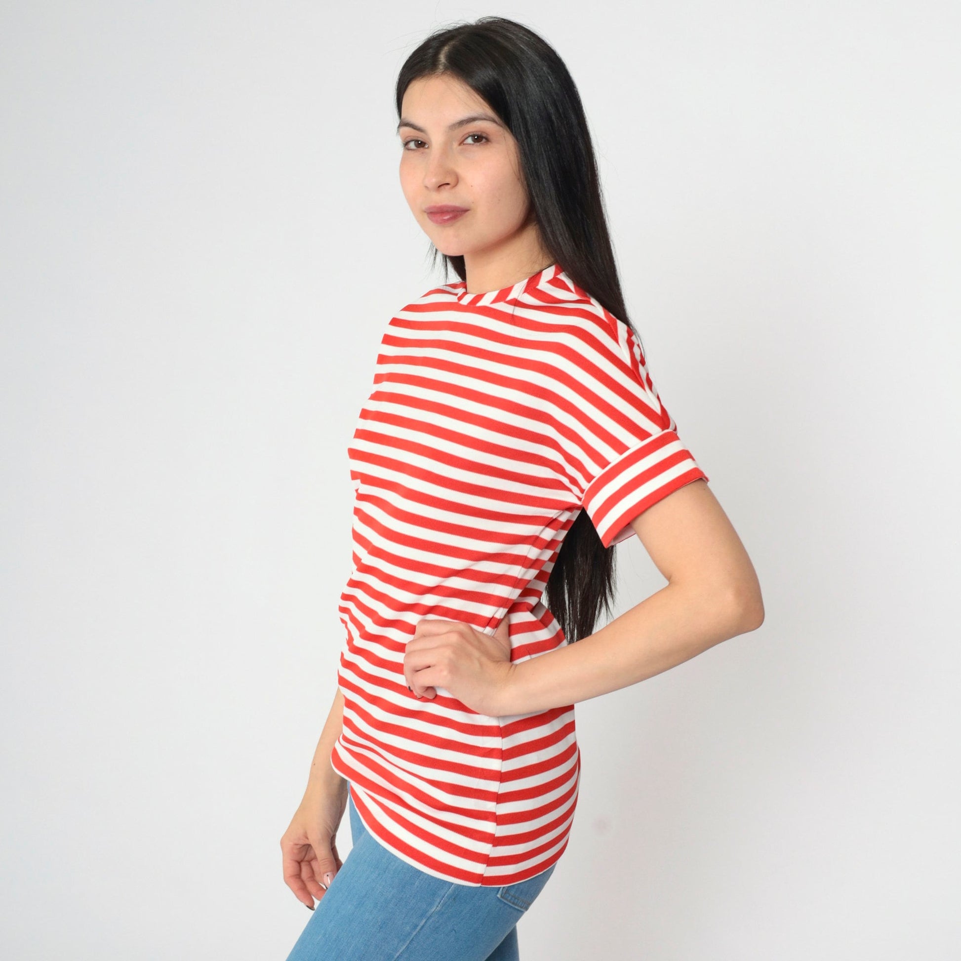 70s Jonathan Logan Striped Blouse Red White Short Sleeve Rear Zip Small