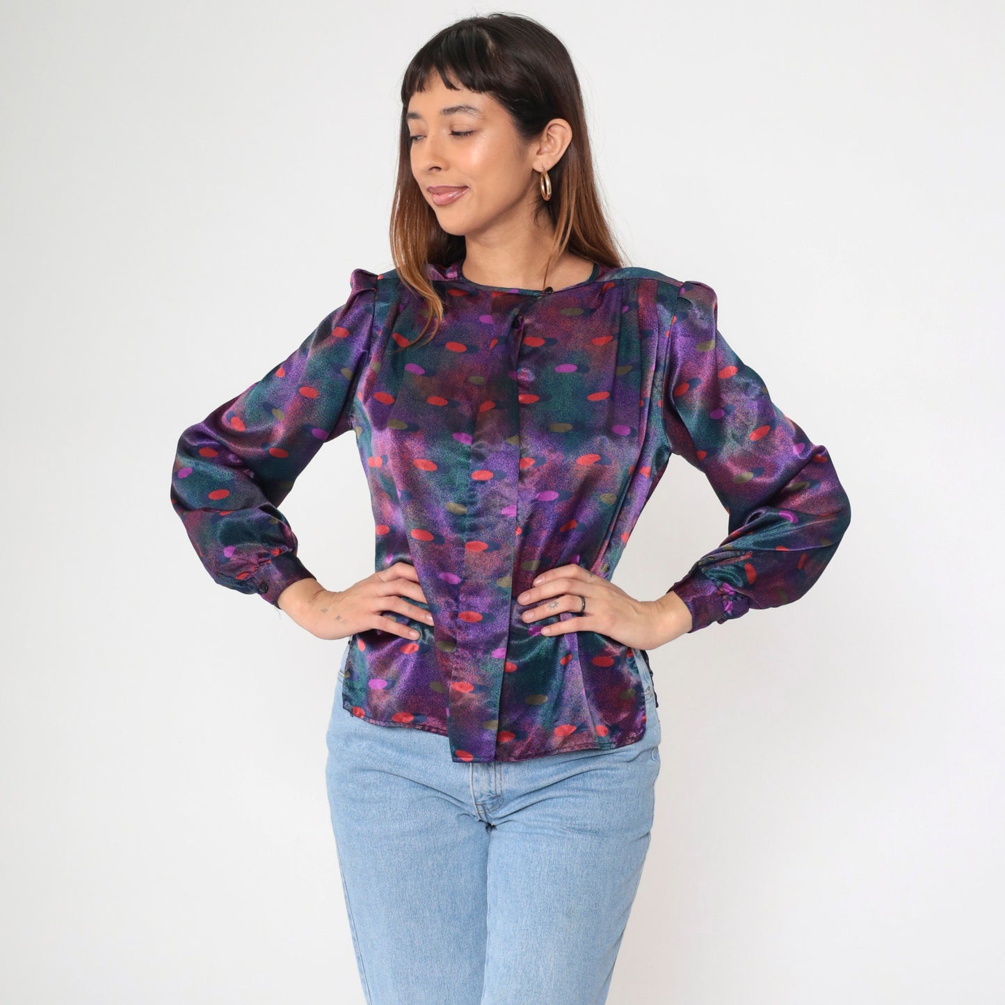 80s Polka Dot Puff Sleeve Button-Up Blouse Multicolor Polyester Small
