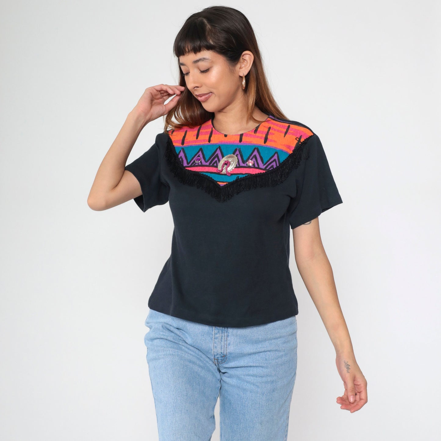 90s Southwest Fringe T-Shirt Black Rhinestone Yoke Small