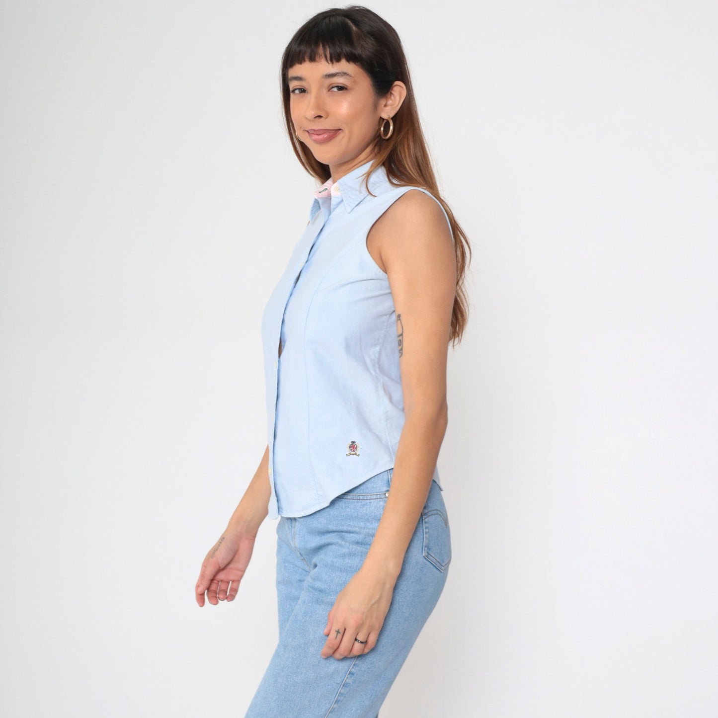 Tommy Hilfiger Y2K Light Blue Sleeveless Button-Up Blouse Small 4