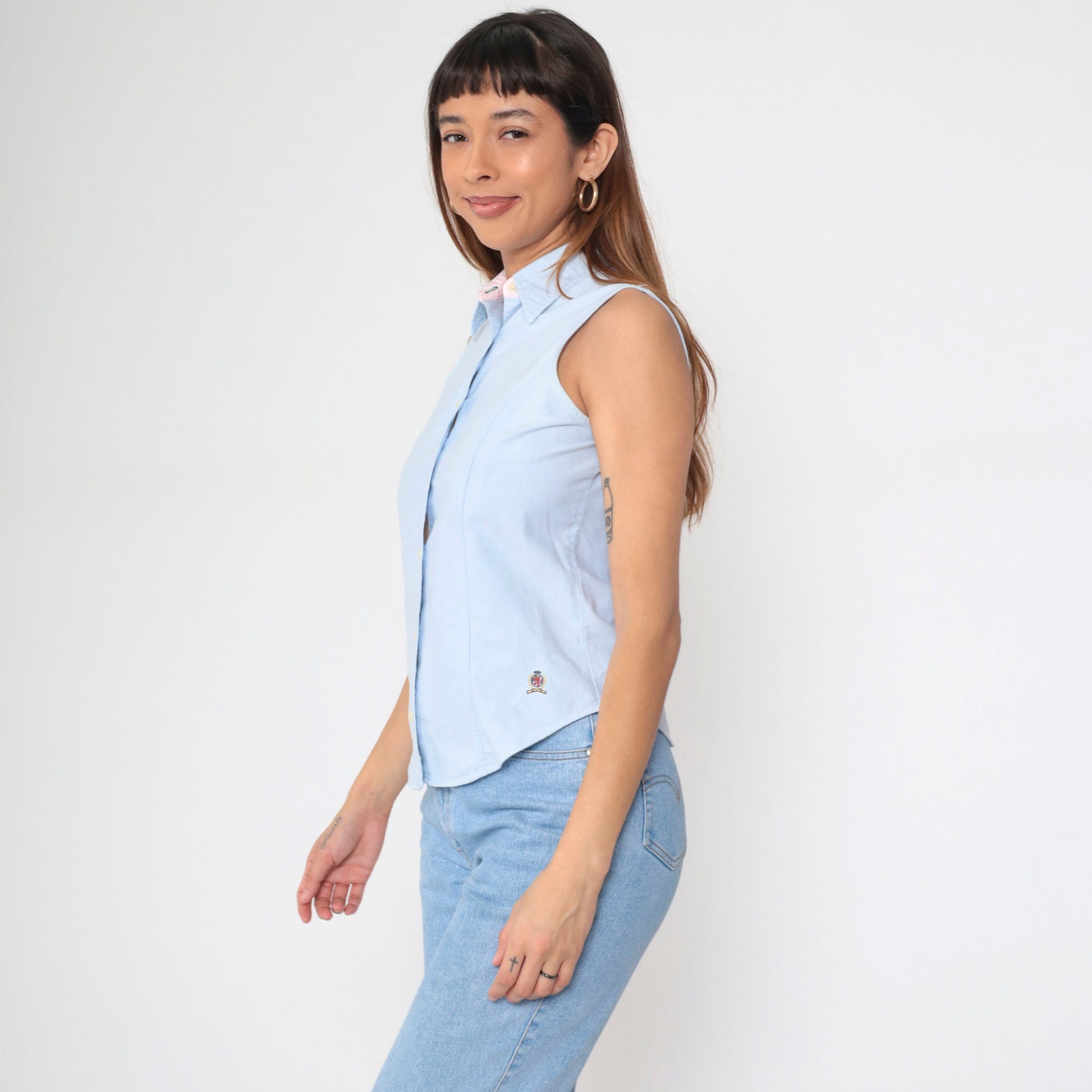 Tommy Hilfiger Y2K Light Blue Sleeveless Button-Up Blouse Small 4