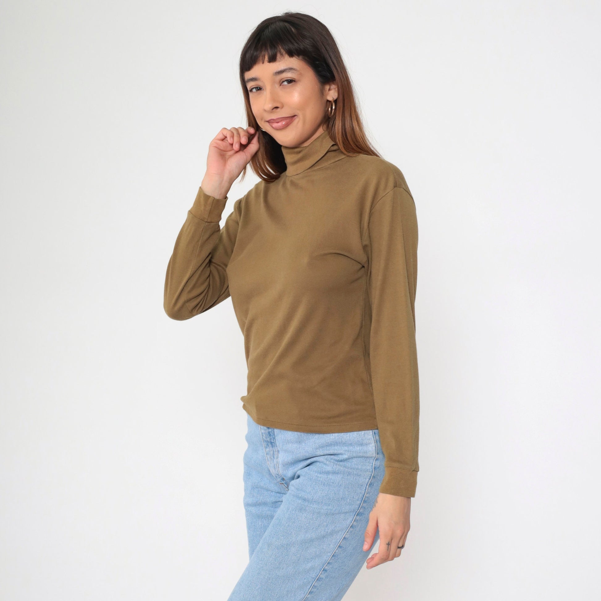 90s Brown Turtleneck Long Sleeve Shirt Cotton Blend Medium
