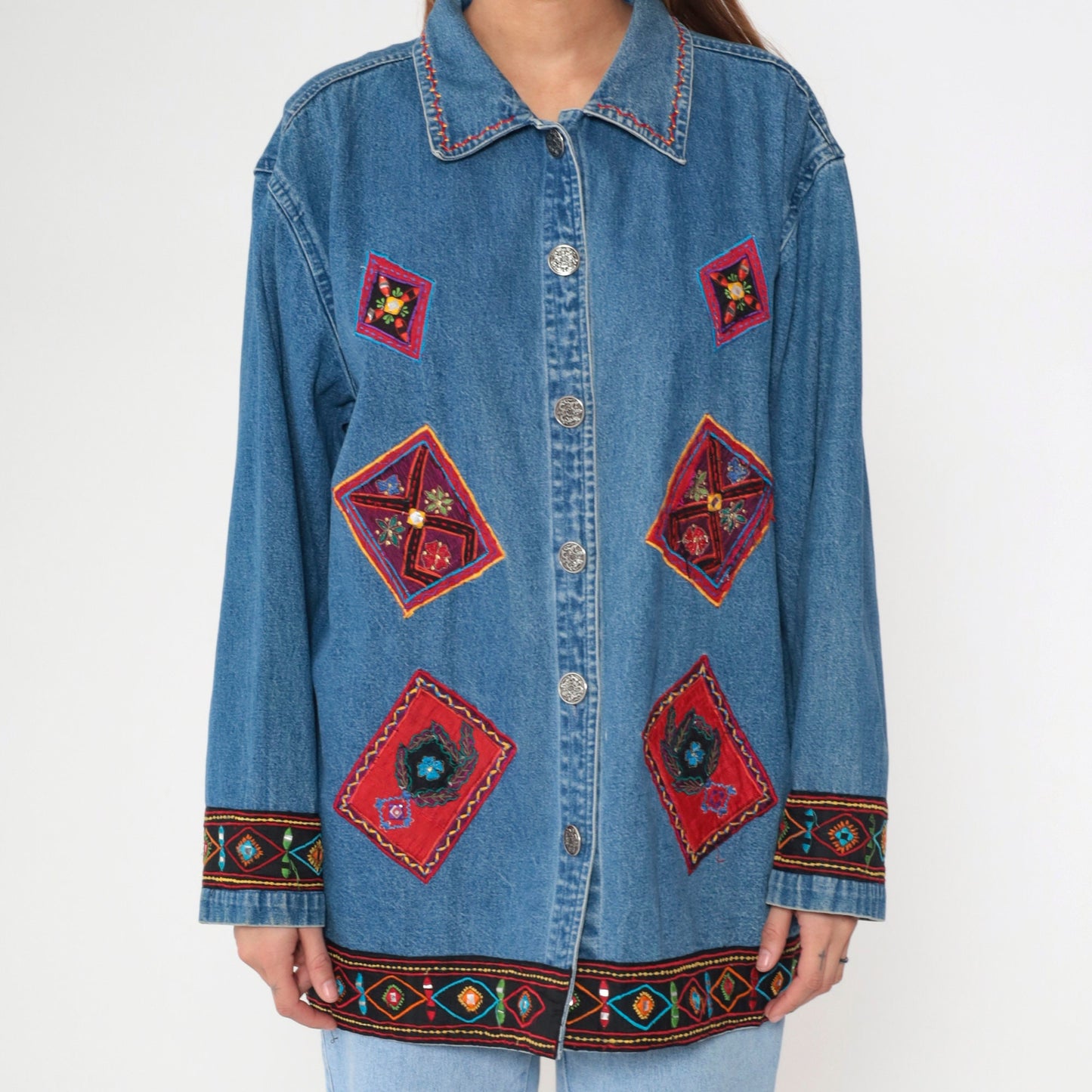 90s Floral Embroidered Denim Jacket Shisha Mirror Work Blue Cotton Extra Large