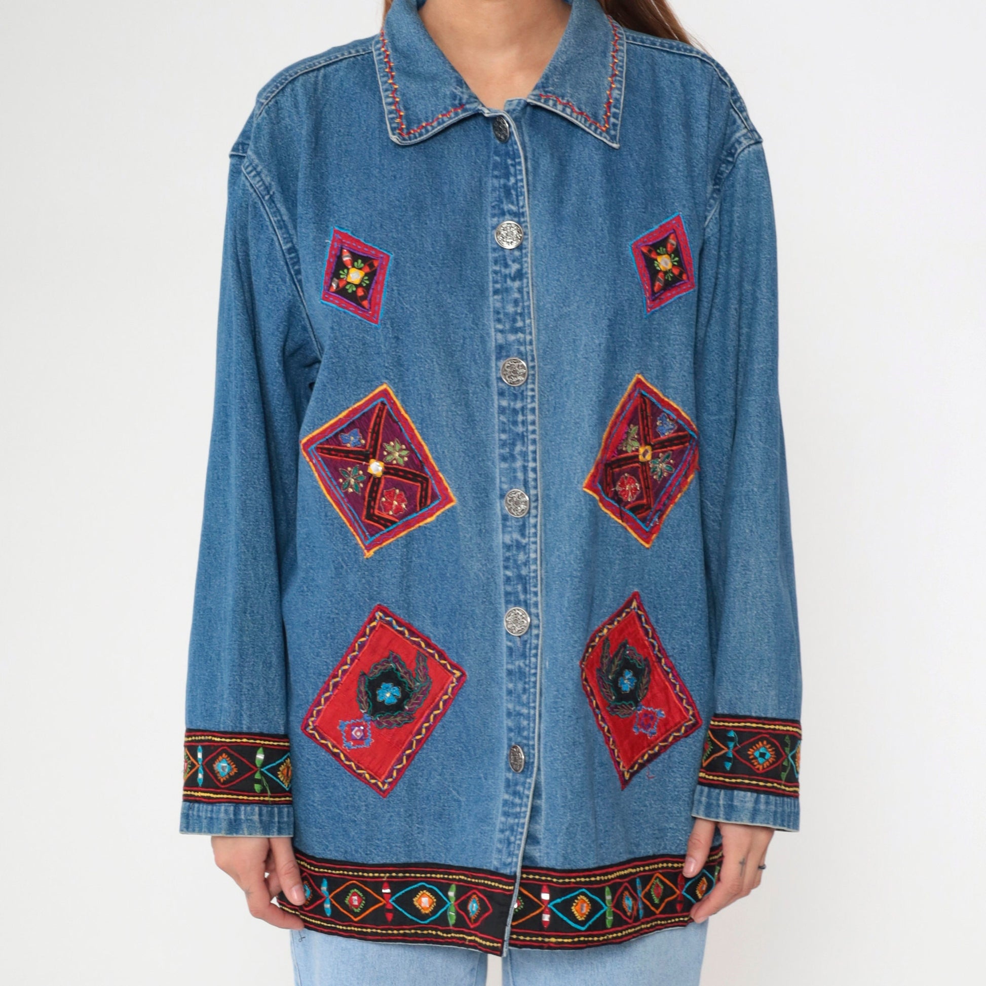 90s Floral Embroidered Denim Jacket Shisha Mirror Work Blue Cotton Extra Large