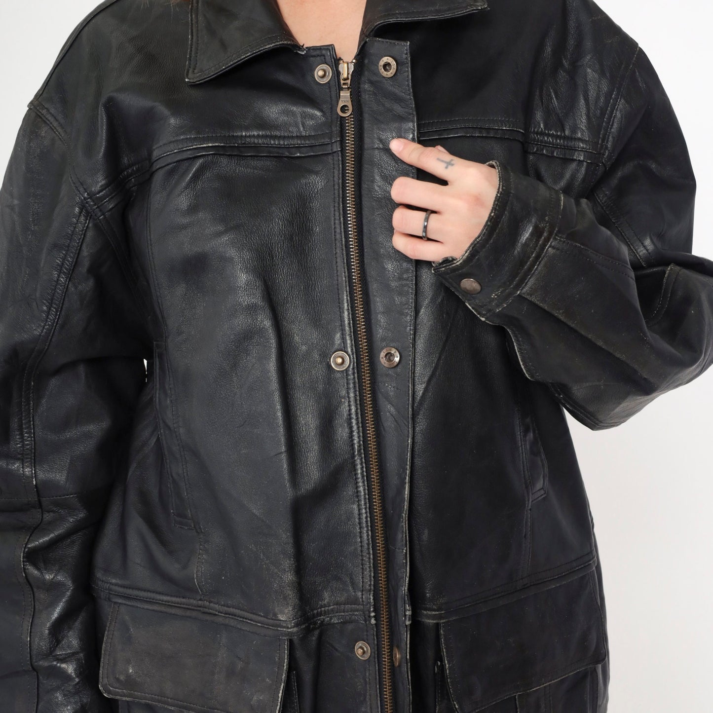 90s Black Deerskin Leather Coat Cargo Pockets Zip Snap Longline Large L