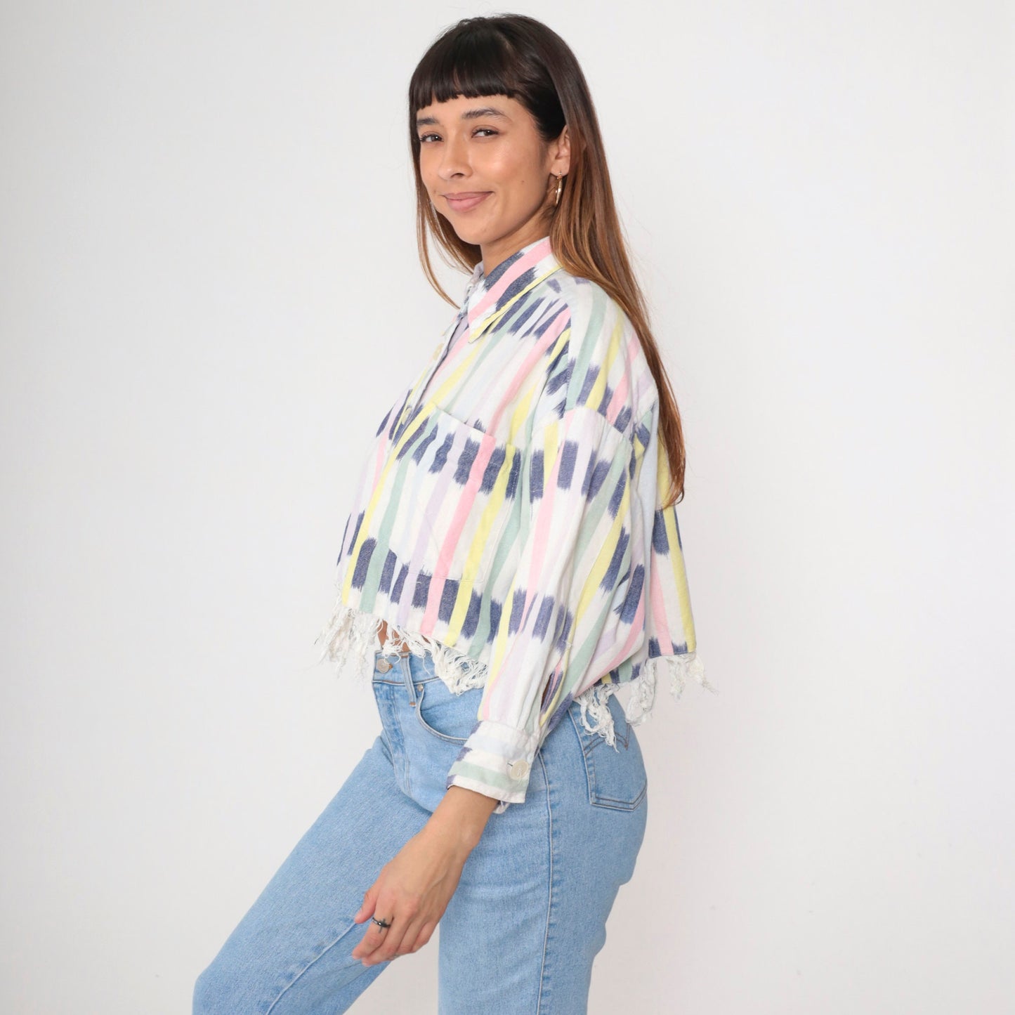 90s Ikat Striped Cotton Blouse Button-Up Long Sleeve Cropped White Small