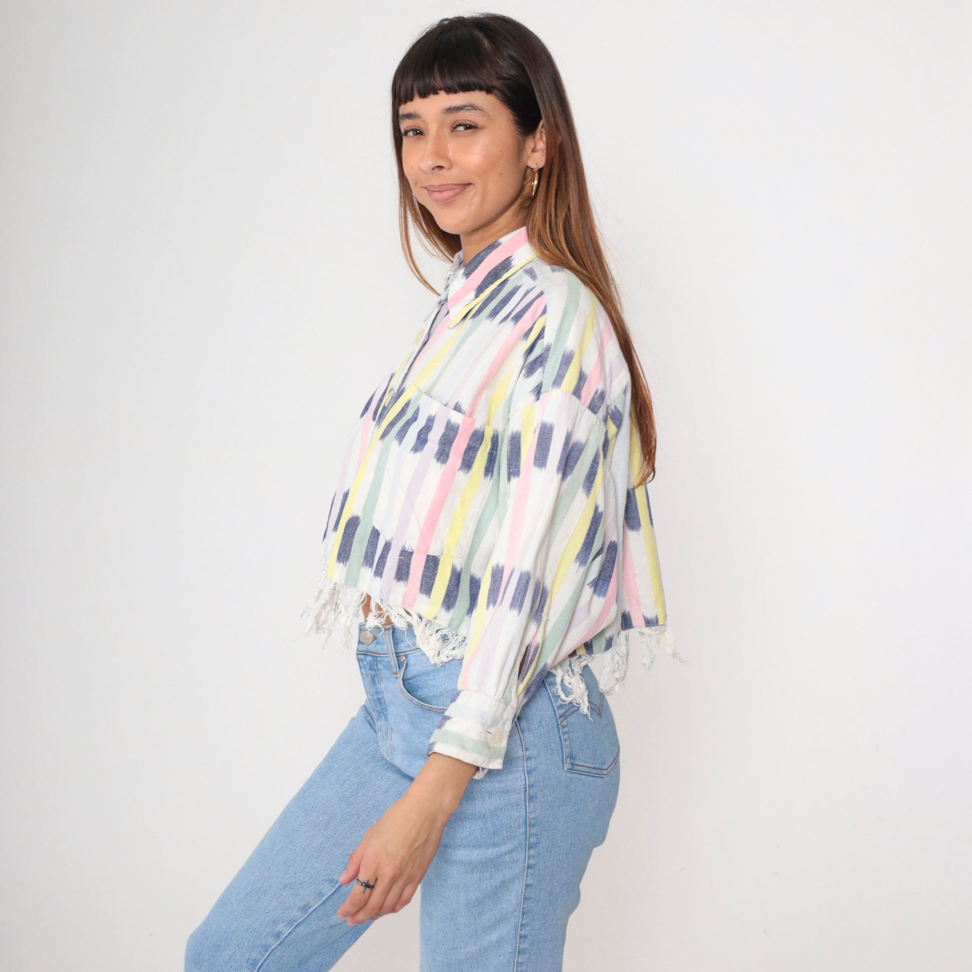 90s Ikat Striped Cotton Blouse Button-Up Long Sleeve Cropped White Small