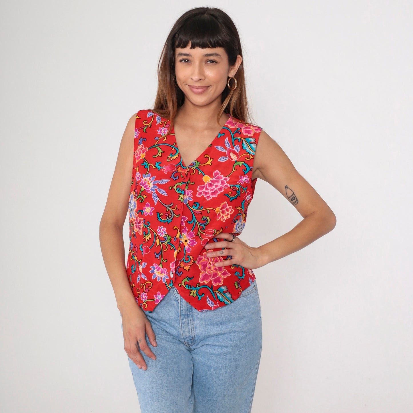 90s Casual Corner Silk Vest Red Floral Print Button Up V Neck Small