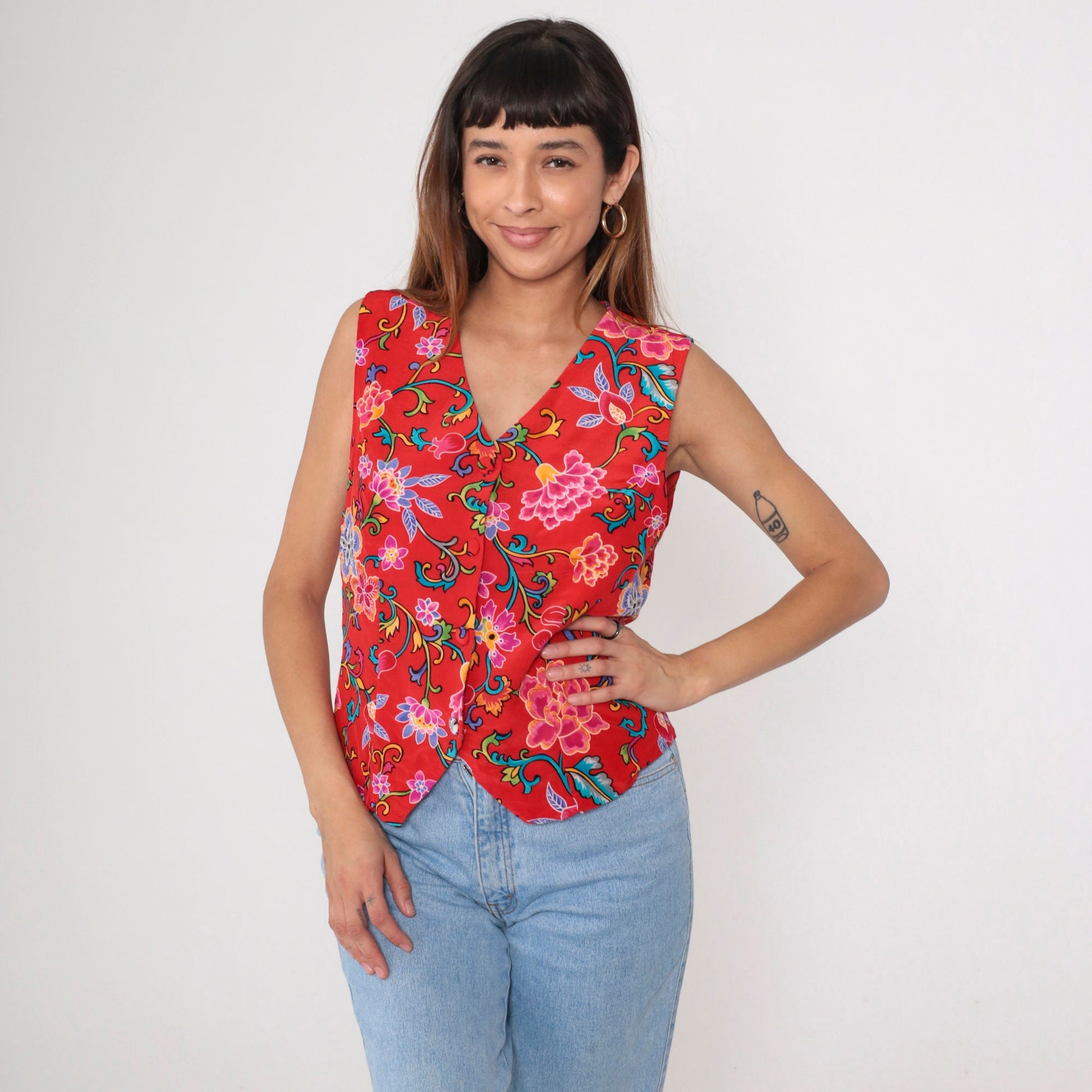 90s Casual Corner Silk Vest Red Floral Print Button Up V Neck Small