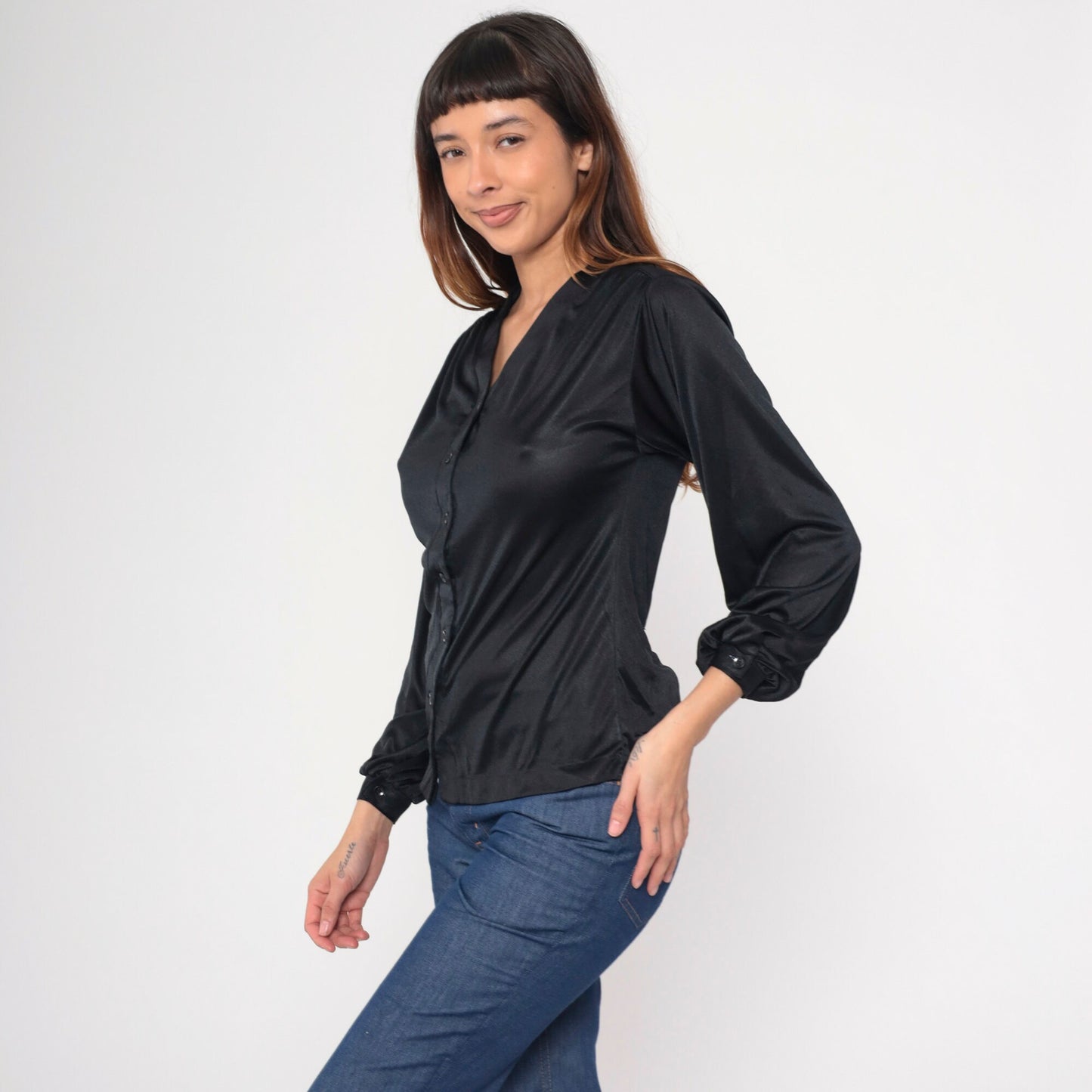70s Black Polyester Button-Up Blouse V-Neck Long Sleeve Small S