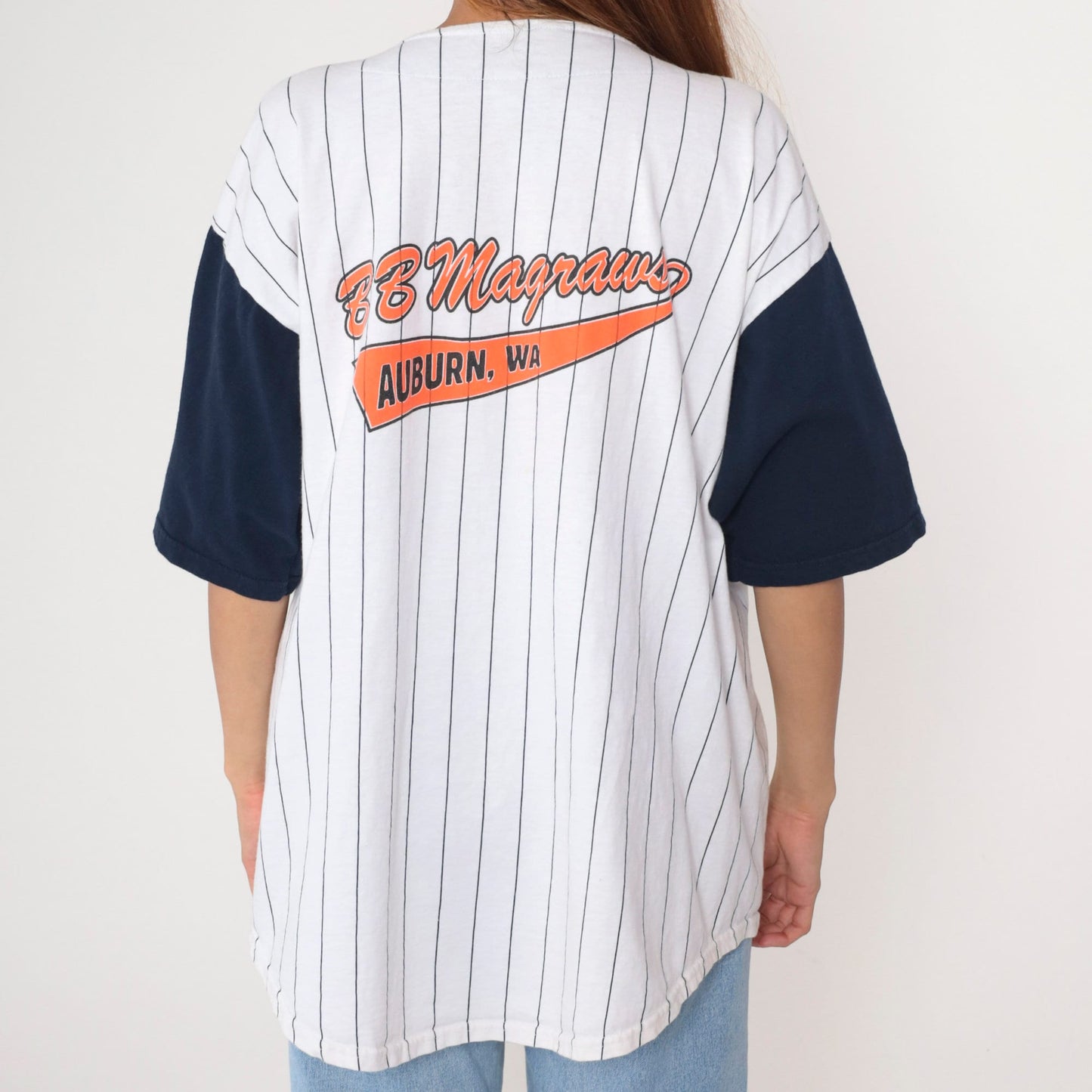 90s BB Magraws Auburn WA Baseball Shirt Navy Pinstripe Cotton Jersey Extra Large
