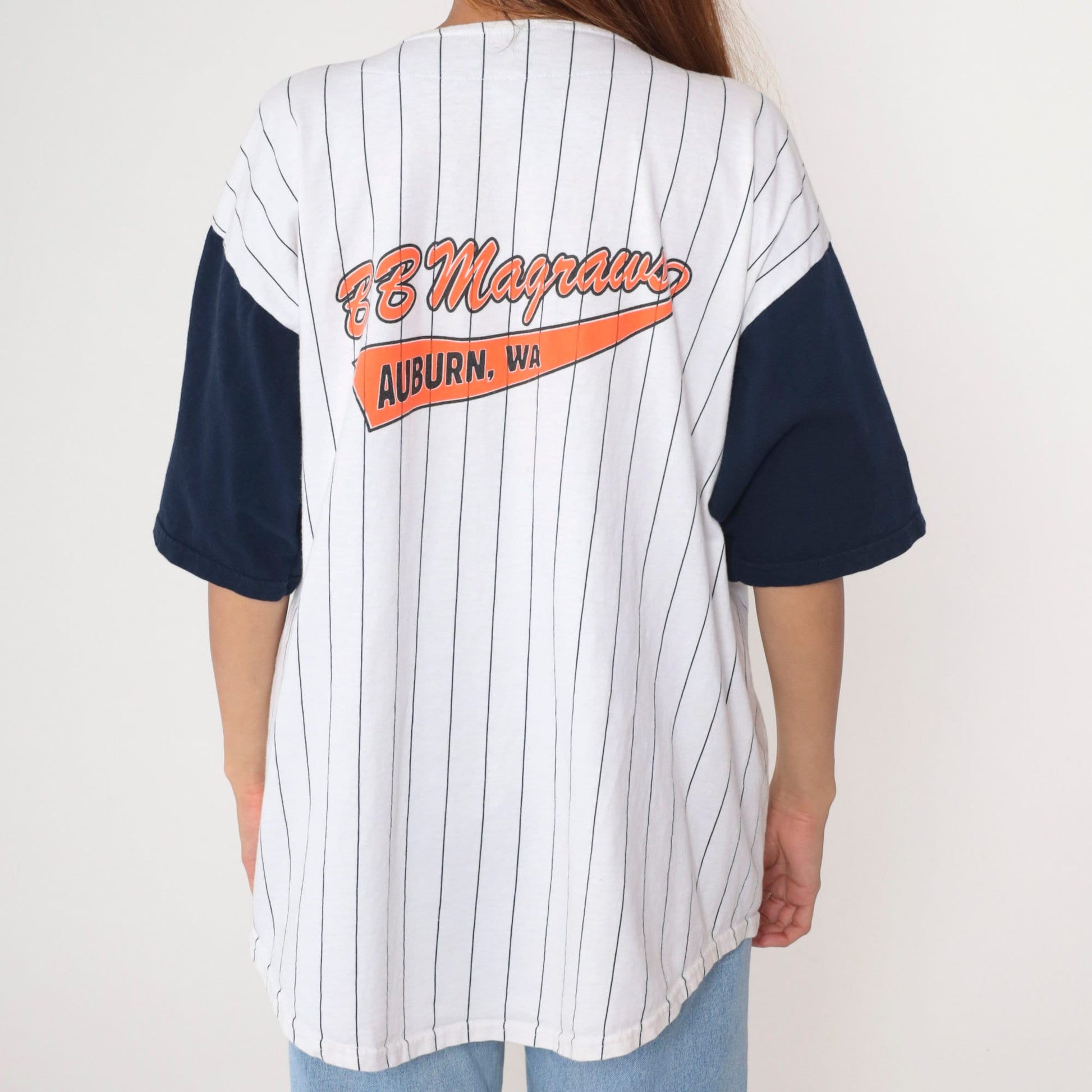 90s BB Magraws Auburn WA Baseball Shirt Navy Pinstripe Cotton Jersey Extra Large