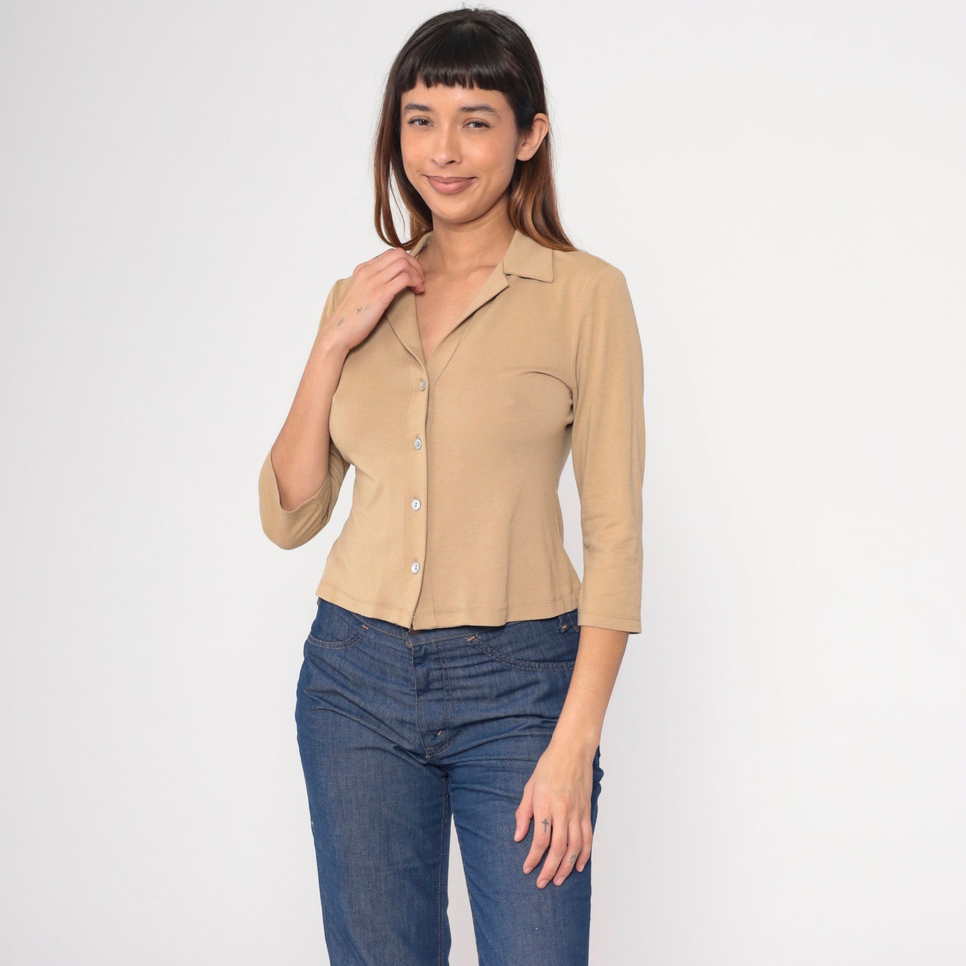 90s Tan Button-Up Blouse Collared 3/4 Sleeve Shirt Small S