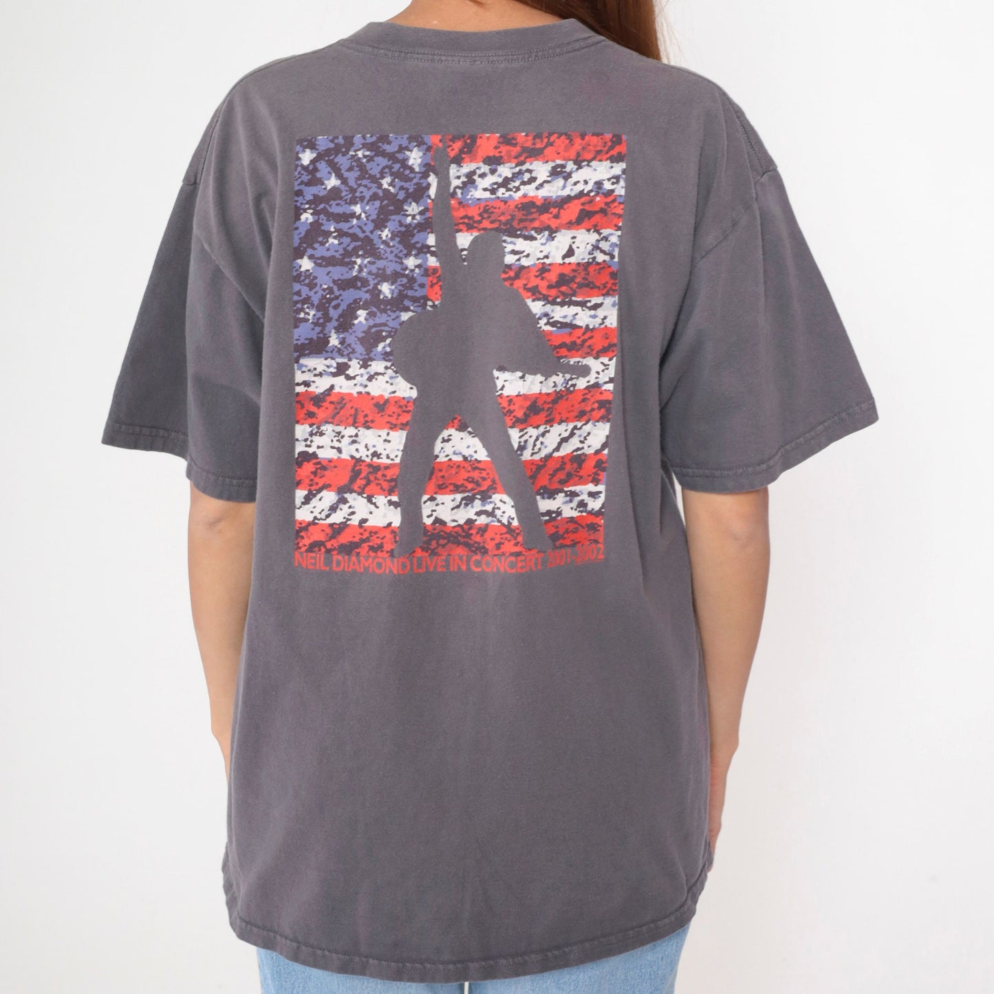 2001 Neil Diamond Concert Tee American Flag Tour Charcoal Grey Large
