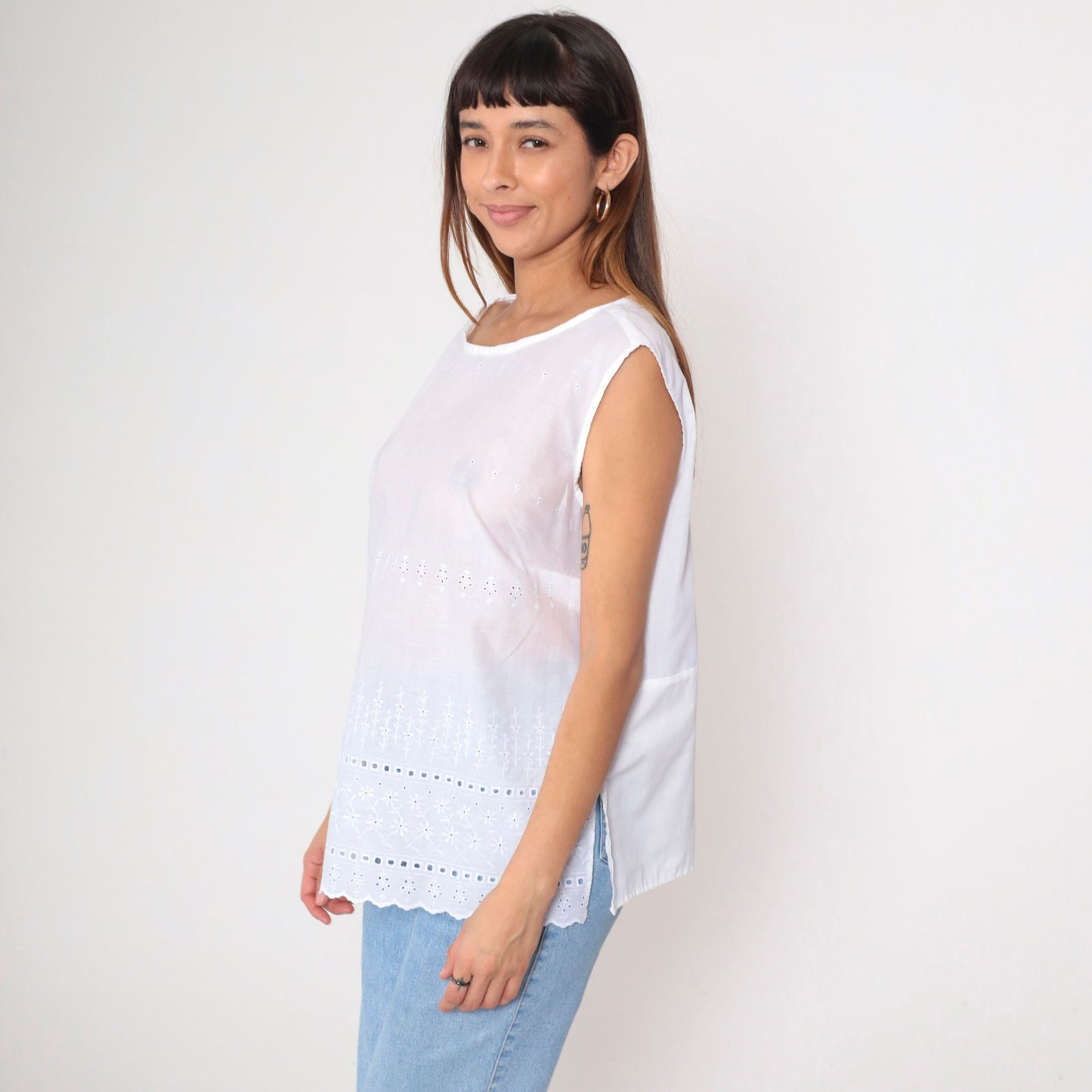 80s White Eyelet Lace Tank Top Floral Embroidered Sleeveless Tunic Large