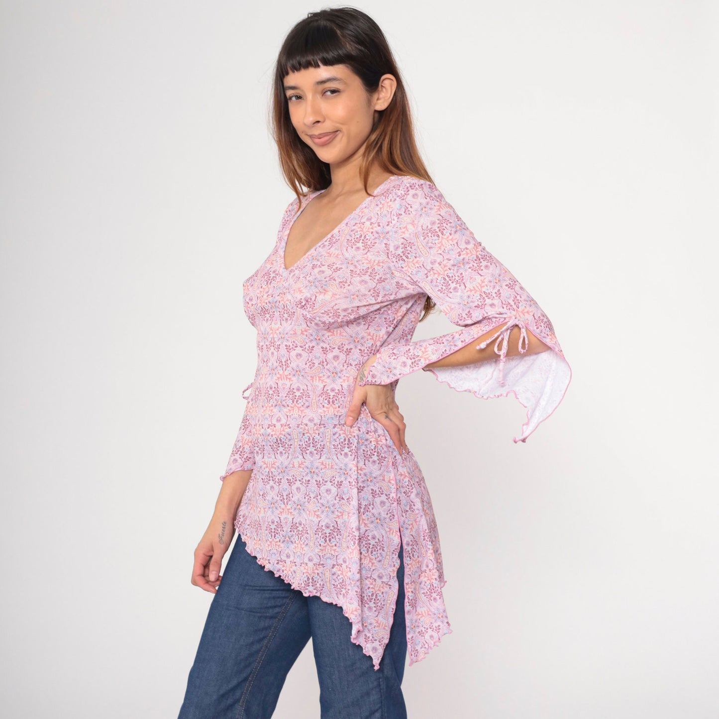 Y2K Paisley V-Neck Blouse Pink Bell Sleeve Asymmetrical Lettuce Edge Large L