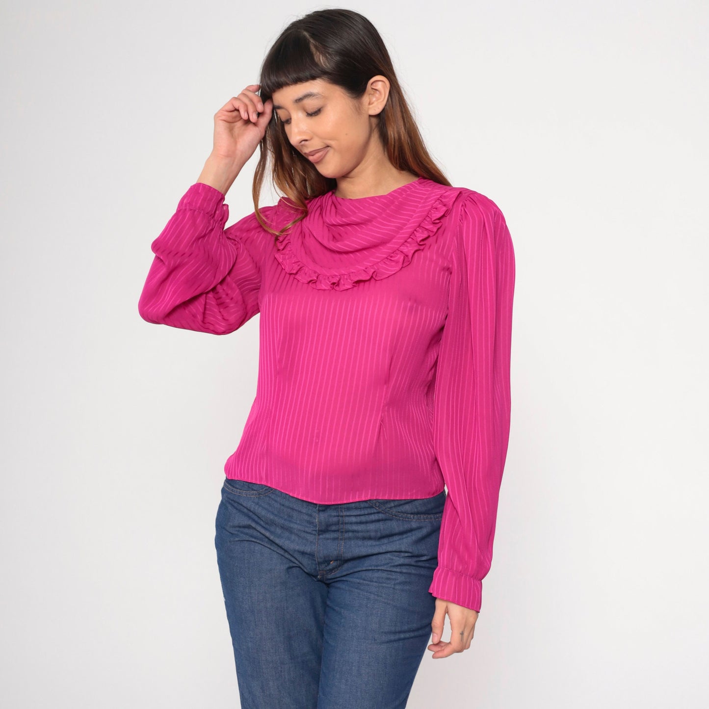 80s Fuchsia Cowl Neck Blouse Striped Puff Sleeve Keyhole Back Small