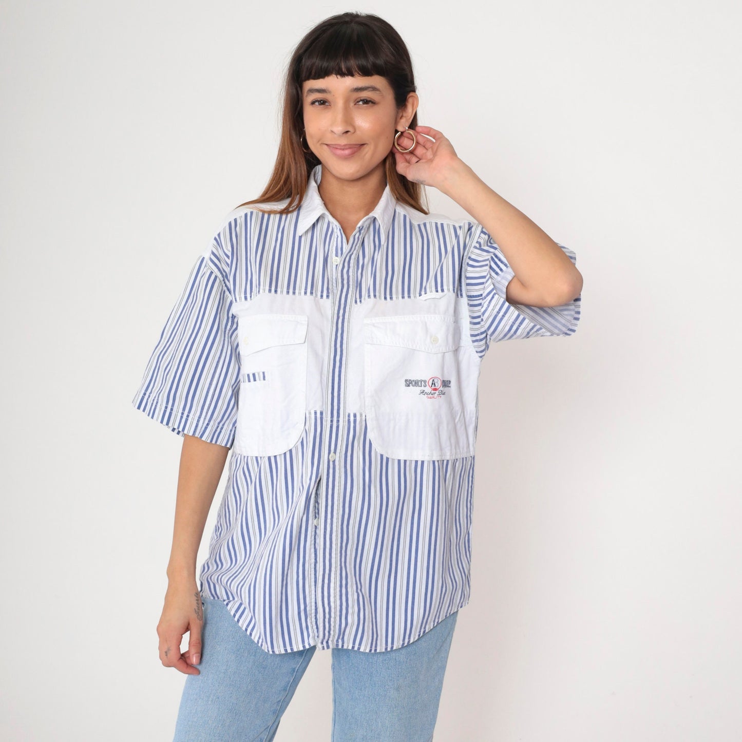 90s Anchor Blue Striped Cargo Shirt White Blue Cotton Button Up Medium
