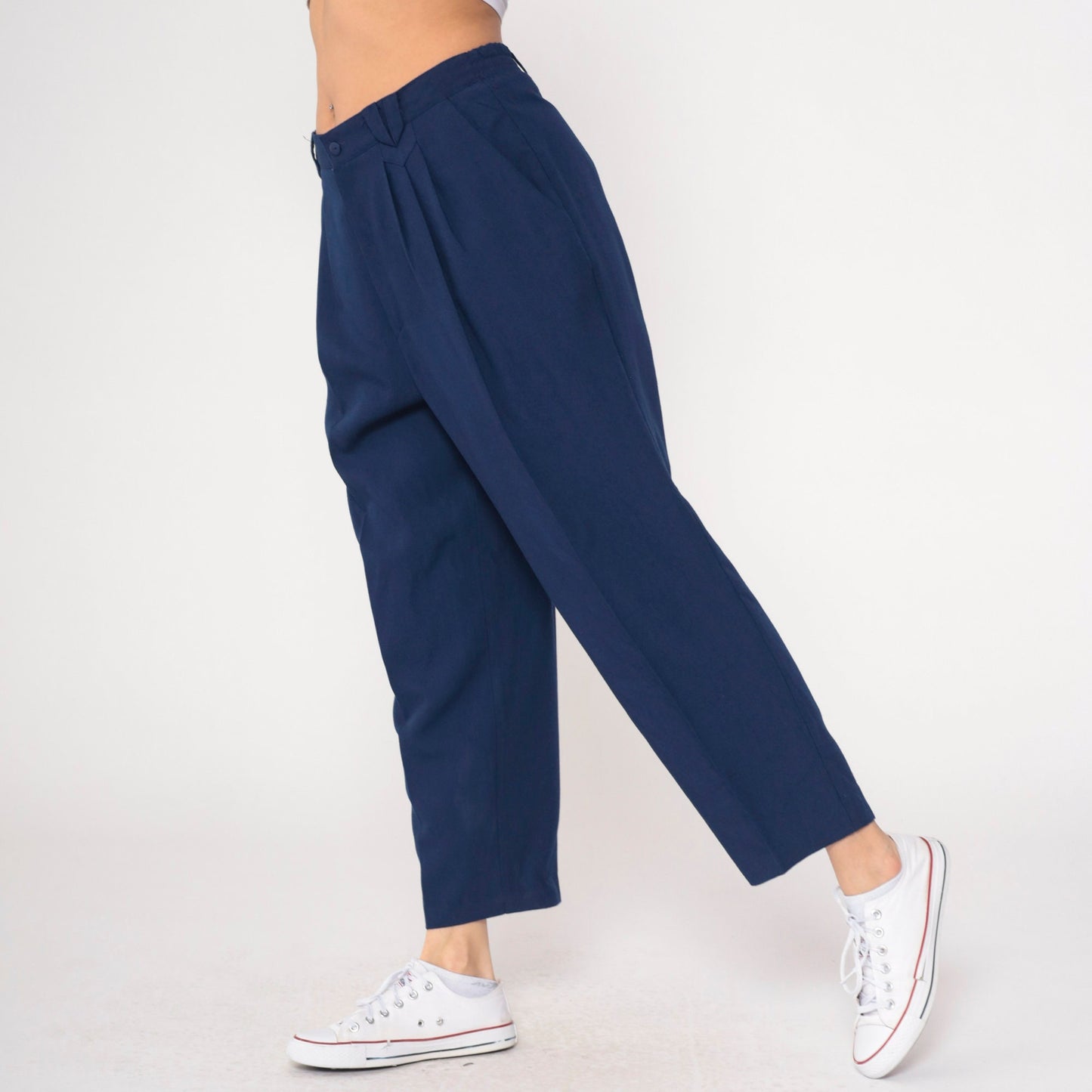 90s Navy Pleated High-Waist Tapered Trousers Medium Large Petite