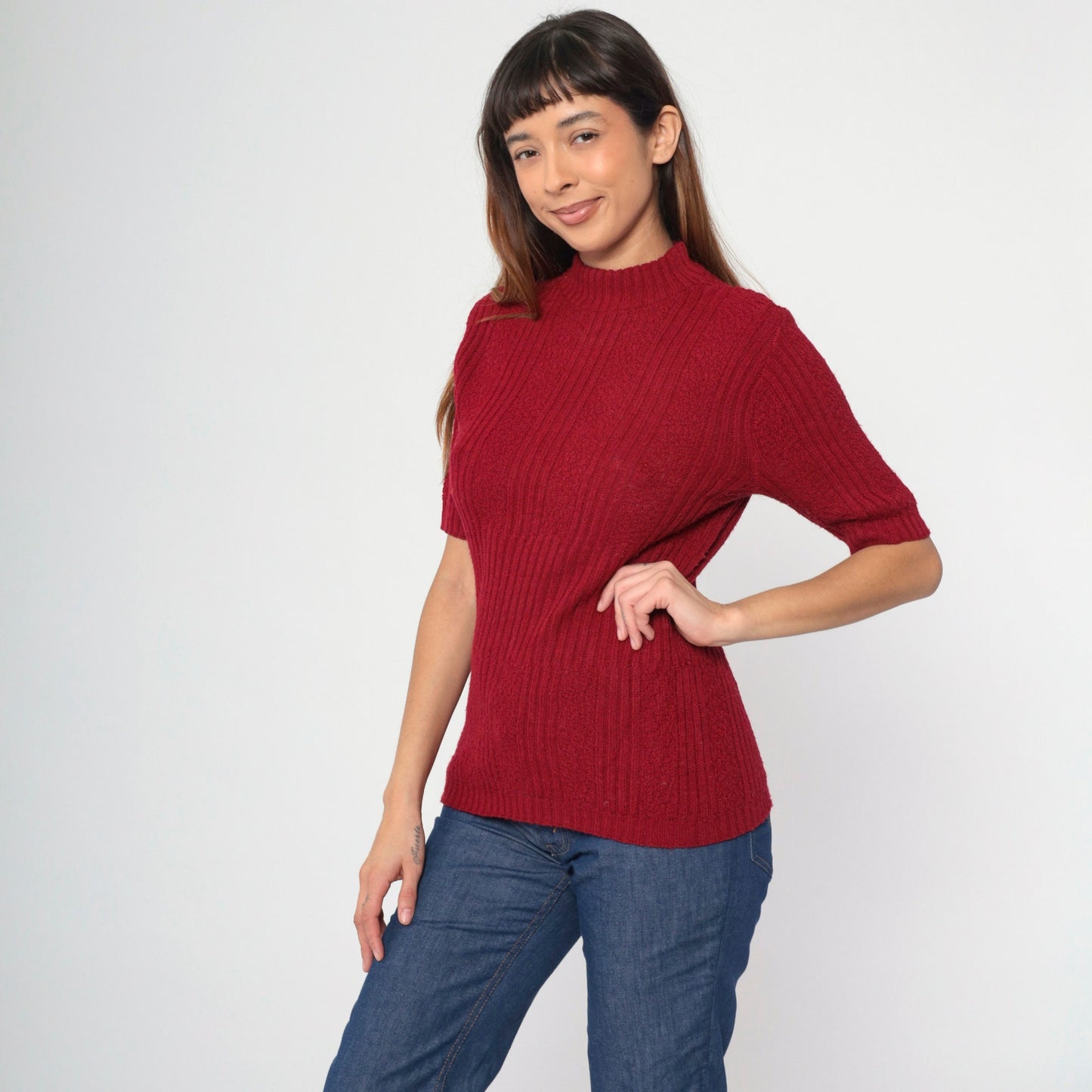 70s Burgundy Ribbed Knit Mock Neck Sweater Short Sleeve Small