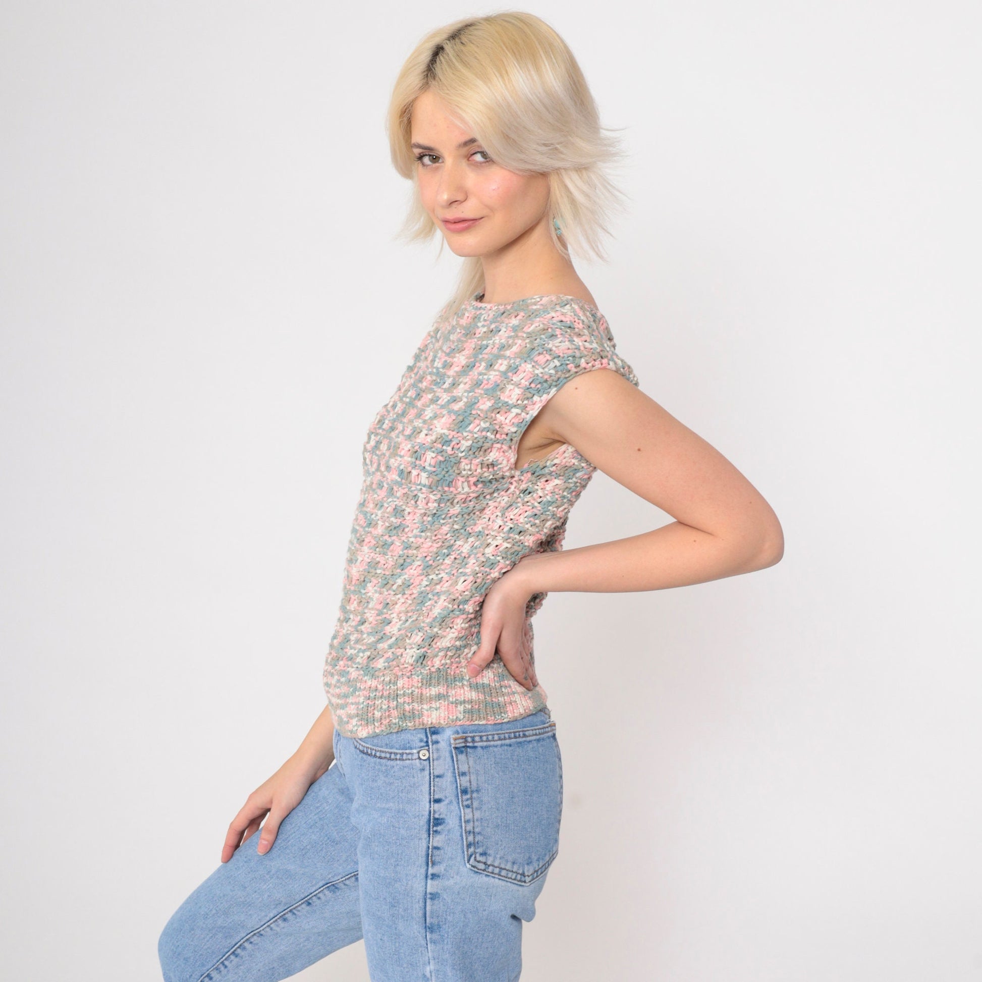 80s Openwork Crochet Sweater Top Ombre Pink Blue Cap Sleeve Extra Small
