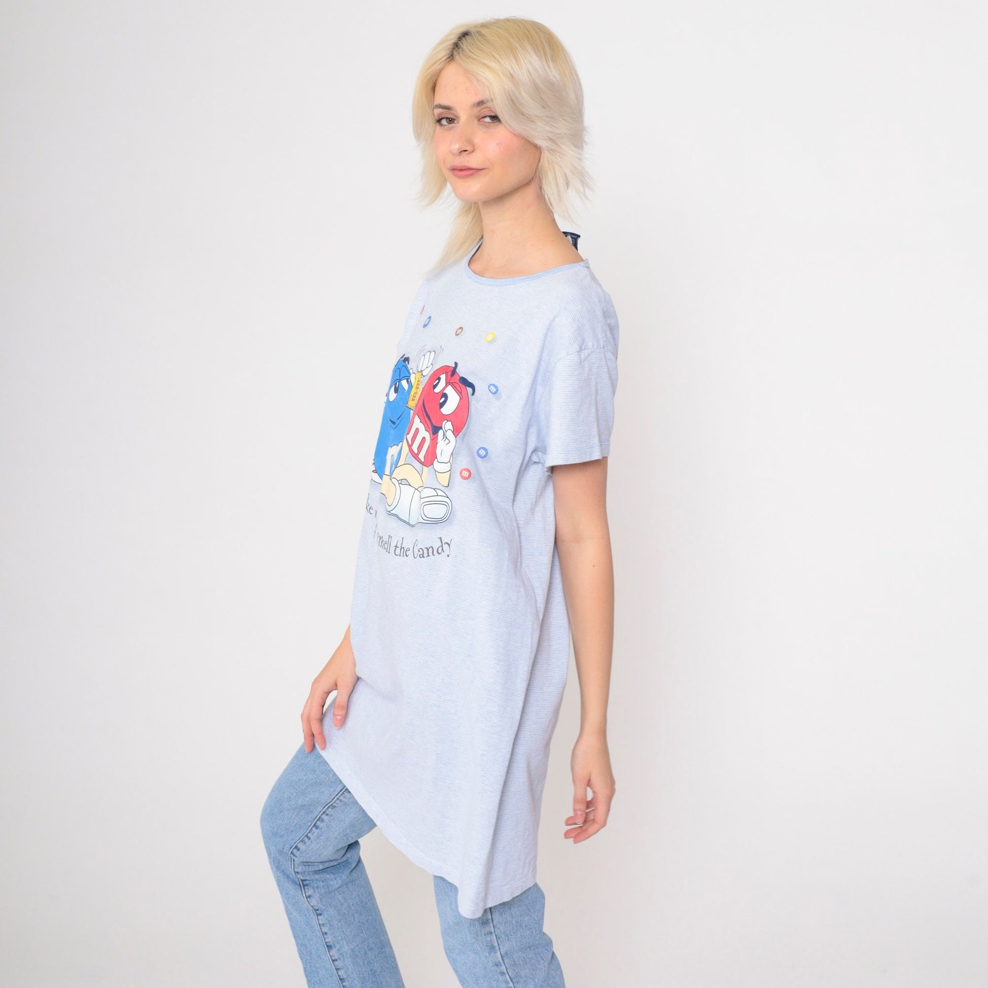 90s M&Ms T-Shirt Dress Blue Striped Graphic Pajama Dress Large XL